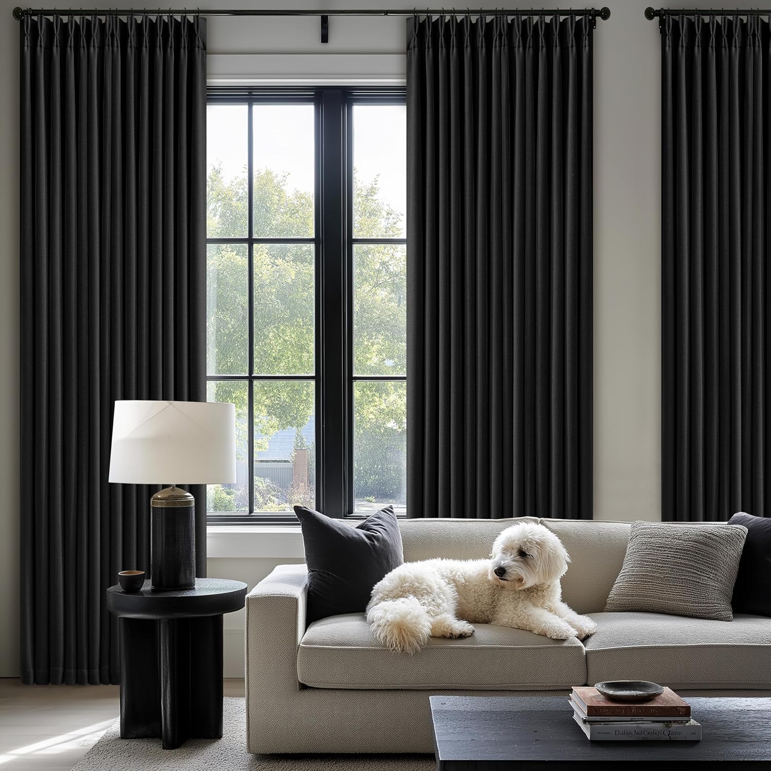 Twodrapes Black 96 Inch Blackout Pinch Pleated Curtains 2 Panel Set for Living Room Darkening Thick Linen Textured 100% Black Out Drapes 96…