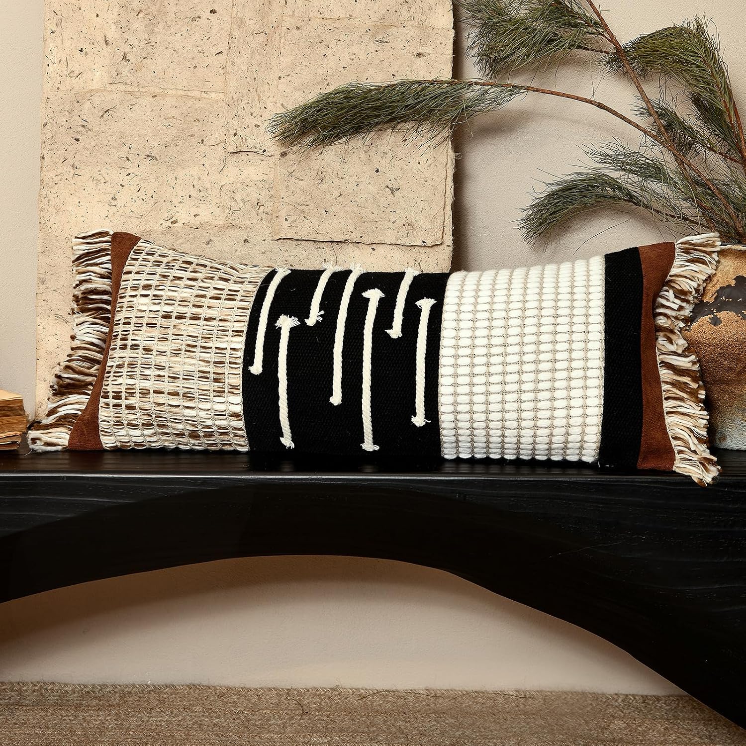 Aibuhome Boho Body Pillow Cover 12x28 Inches, Handwoven Cotton Linen Lumbar Pillow Cover with Tassels, Farmhouse Decorative Cushion Case fo…