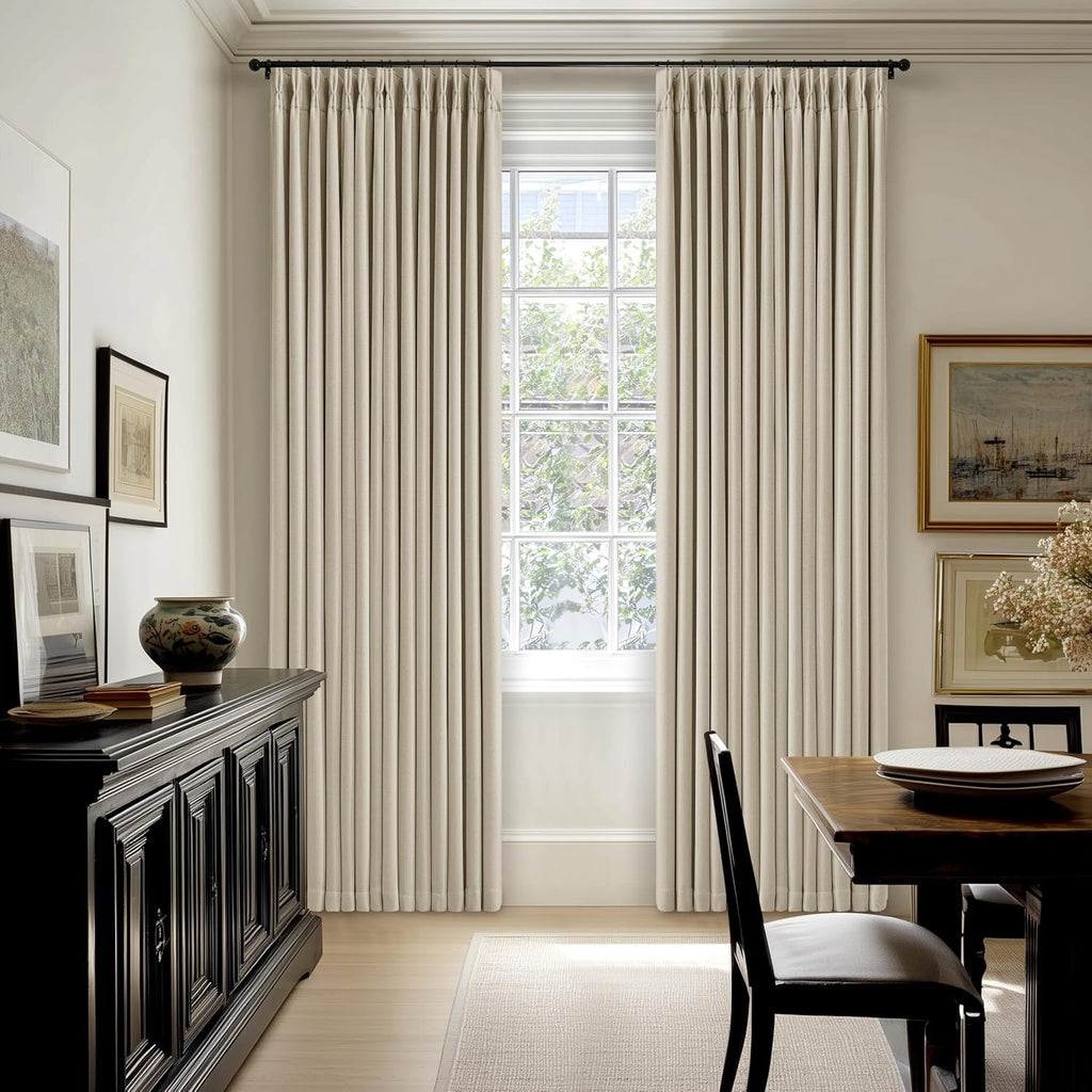 TWODRAPES 92 Inch Long Pinch Pleated Blackout Curtains for Bedroom Living Room, Oatmeal Beige Linen Blend 100% Blackout Sliding Door…