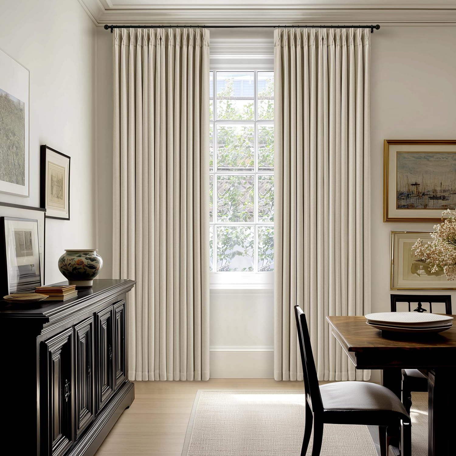 TWODRAPES 92 Inch Long Pinch Pleated Blackout Curtains for Bedroom Living Room, Oatmeal Beige Linen Blend 100% Blackout Sliding Door…