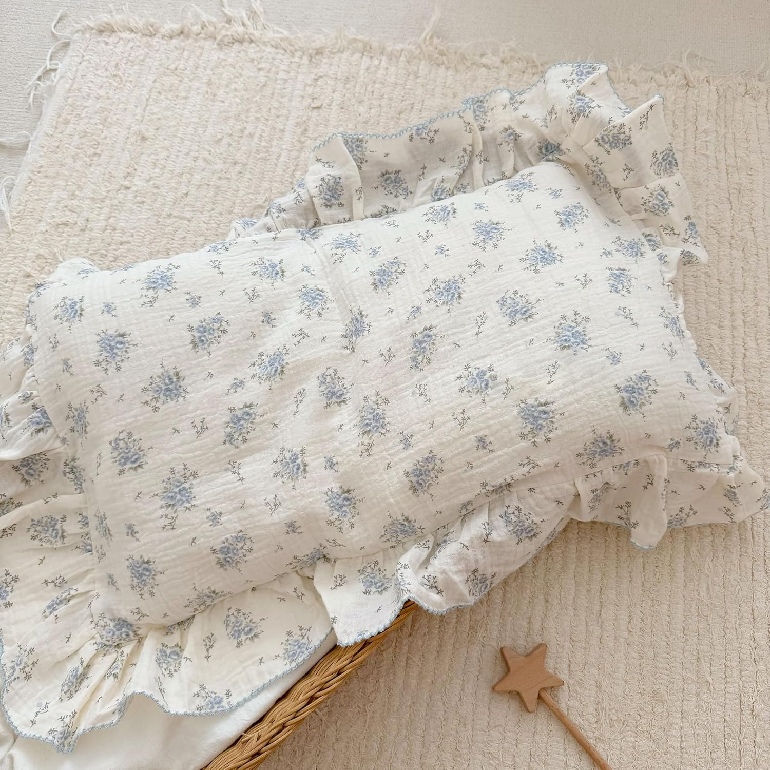 BuLuTu Cotton Muslin Toddler Pillowcases with Blue Flowers Print Soft Breathable Gauze Small Pillow Case for Toddler Boys Girls Nursery…