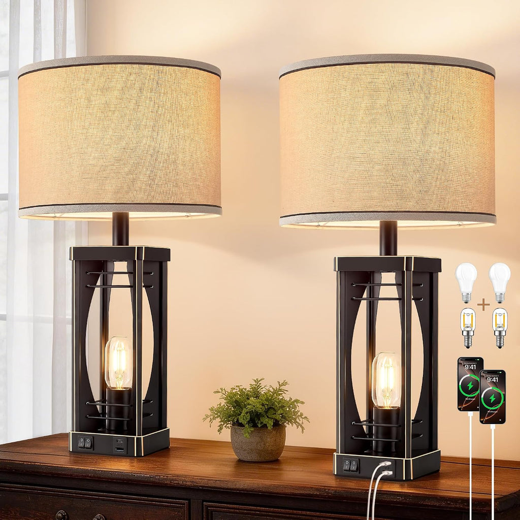 SRJJA Farmhouse Table Lamps Set of 2 for Living Room, Rustic Industrial Bedside Lamps with USB A+C Charging Ports, 22.5" Dual Light…