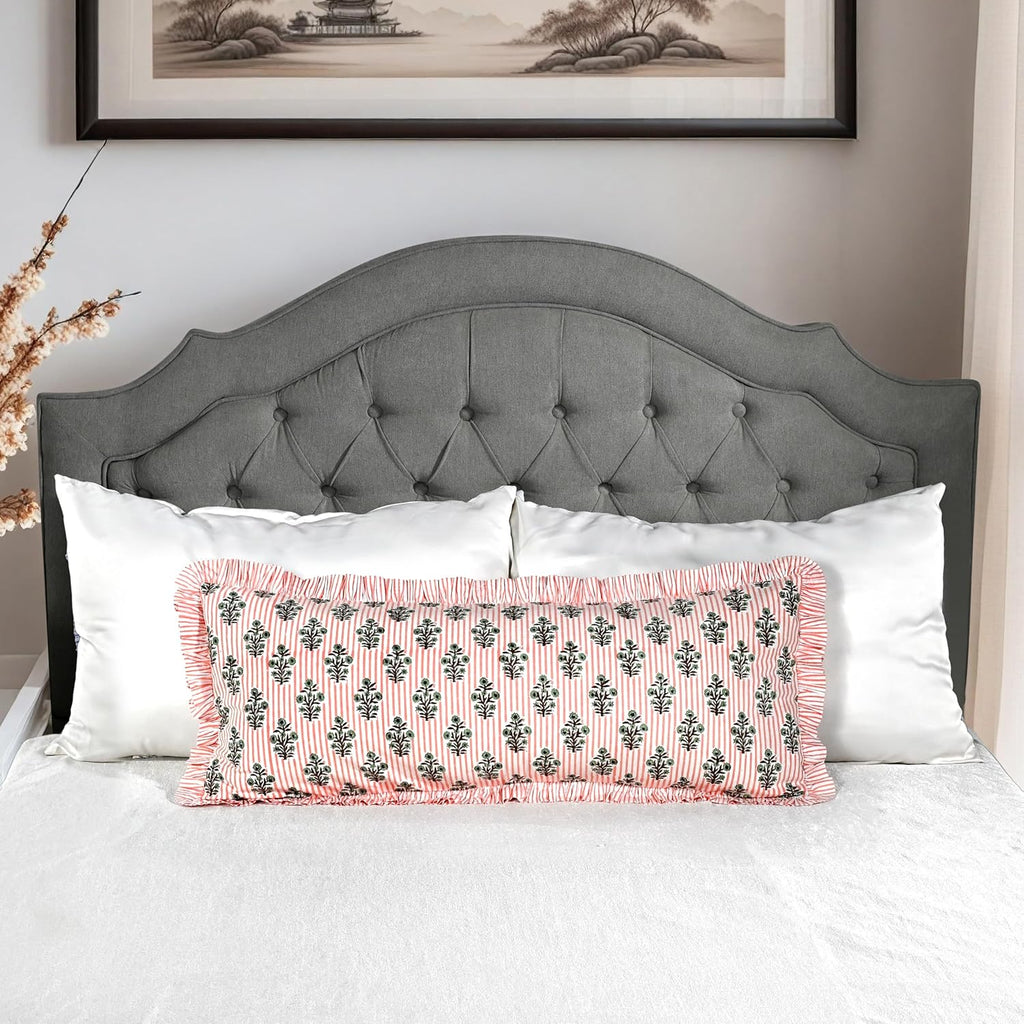 Ridhi Block Print Salmon Blossom 36"x14" Set 1-100% Cotton Ruffle Lumbar Sham Cover Boho Floral Pillowcase, Farmhouse Cottagecore…