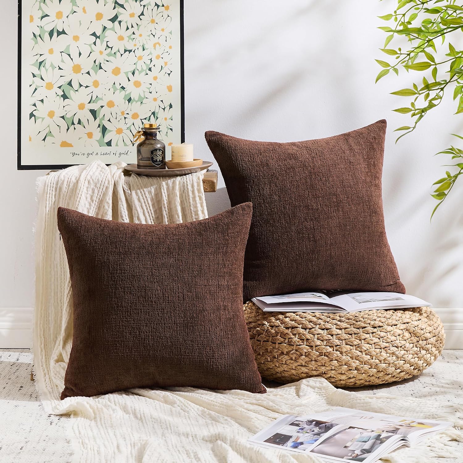 Gawamay Set of 2 Soft Textured Chenille Throw Pillow Covers 20x20 Inch (50x50 CM), Decorative Pillowcases Cushion Covers for Farmhouse Home…