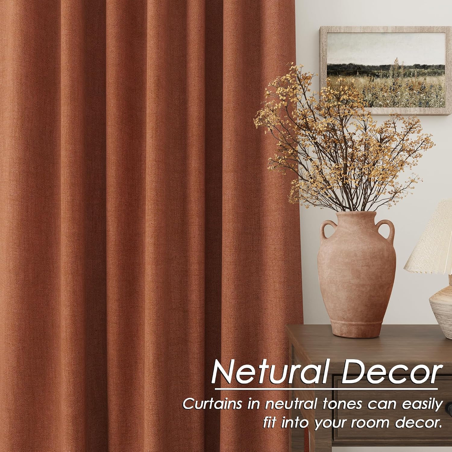 Nanspring Terracotta 100% Blackout Linen Curtains for Bedroom 90 Inches Long Back Tab Thermal Insulated Boho Farmhouse Decor Black Out Curt…