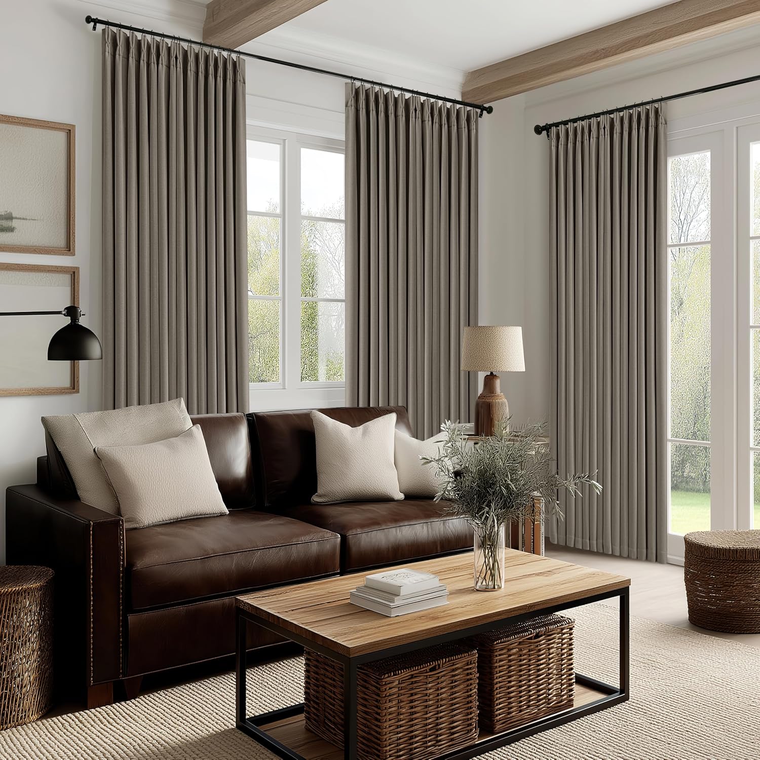 Twodrapes Dark Taupe Linen Blackout Pleated 108 Inch Curtains for Living Room Darkening Pinch Pleat 100% Black Out Drapes Thermal Insulated…