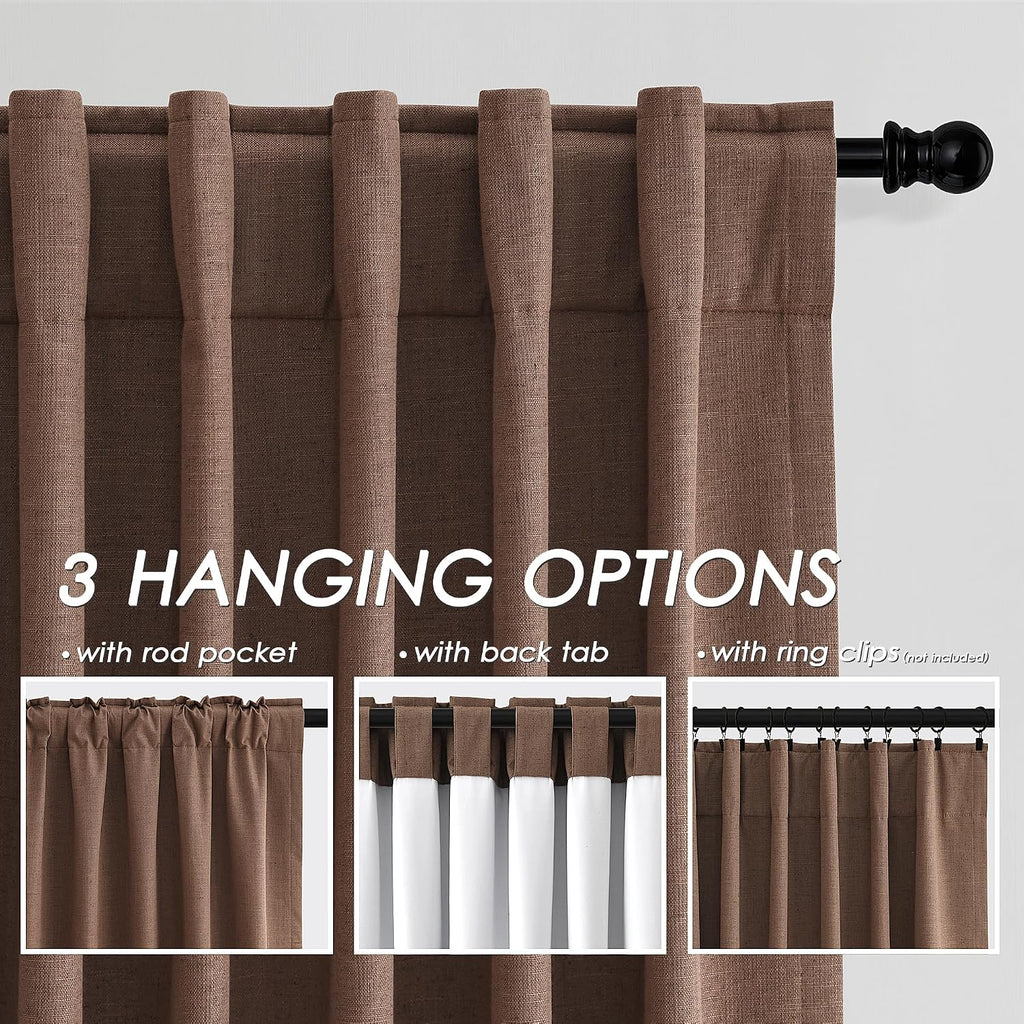 Nanspring Caramel Brown 100% Blackout Linen Curtains for Bedroom 96 Inches Long Back Tab Rod Pocket Thermal Insulated Vintage Black Black O…