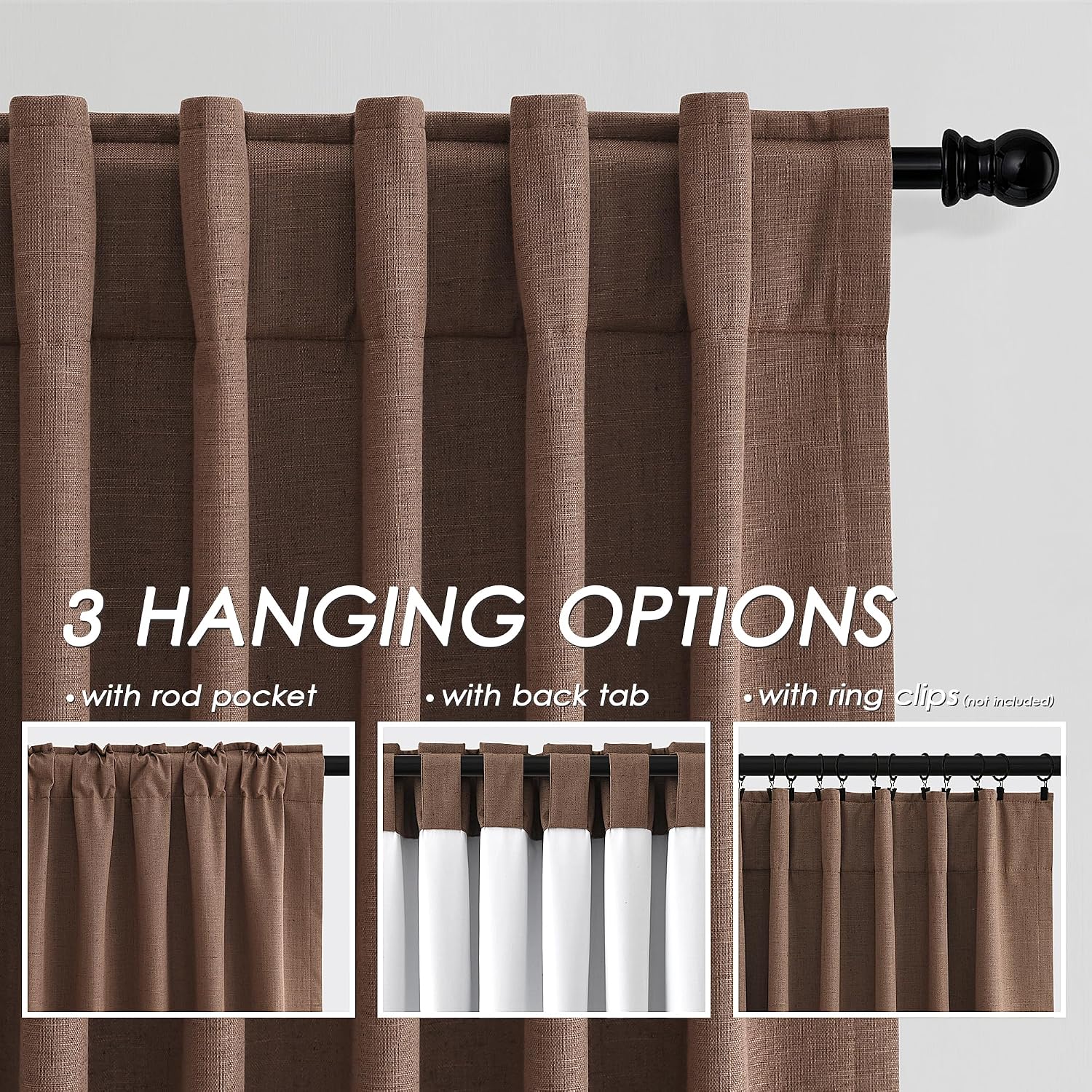 Nanspring Caramel Brown 100% Blackout Linen Curtains for Bedroom 120 Inches Long Back Tab Rod Pocket Thermal Insulated Vintage Black out Cu…