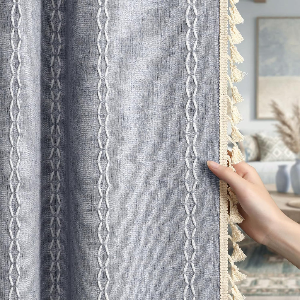 XOGUIBO Blue Boho Blackout Curtains 2 Panels 84 Inch for Living Room Bedroom, Linen Texture Farmhouse Curtains with Tassels and Whit…