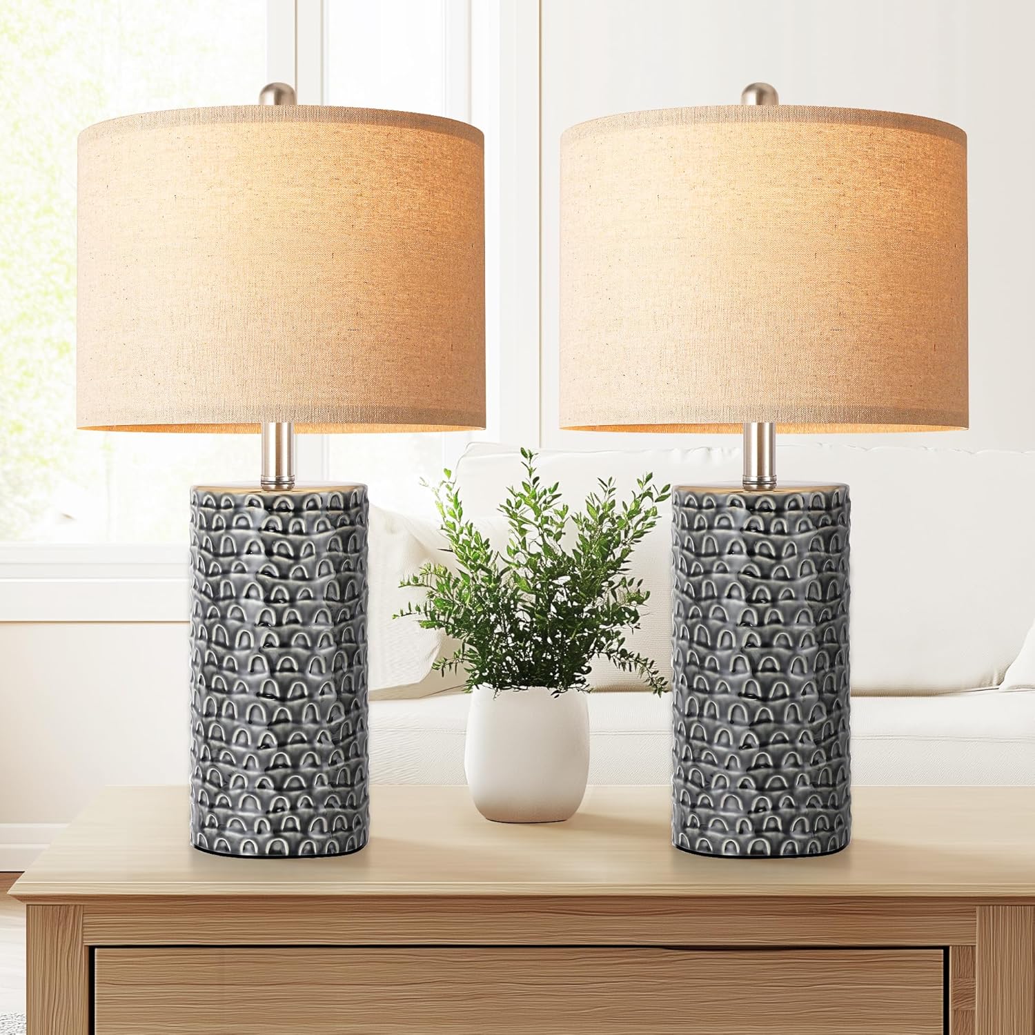 PARTPHONER 23" Modern Ceramic Table Lamp Set of 2, Table Lamps for Living Room, Rustic Farmhouse Bedside Lamps Nightstand lamp for…