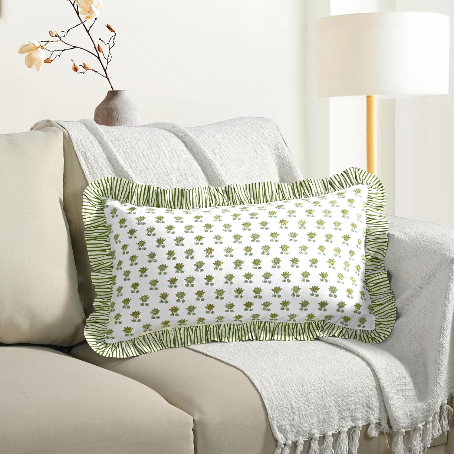 Cottonprintclub CPC Hand Block Print Lotus Meadow Ruffle Sham Pillow Cover 20" x 12" inch Hidden Zipper Decorative Pillowcase for Couch, Be…