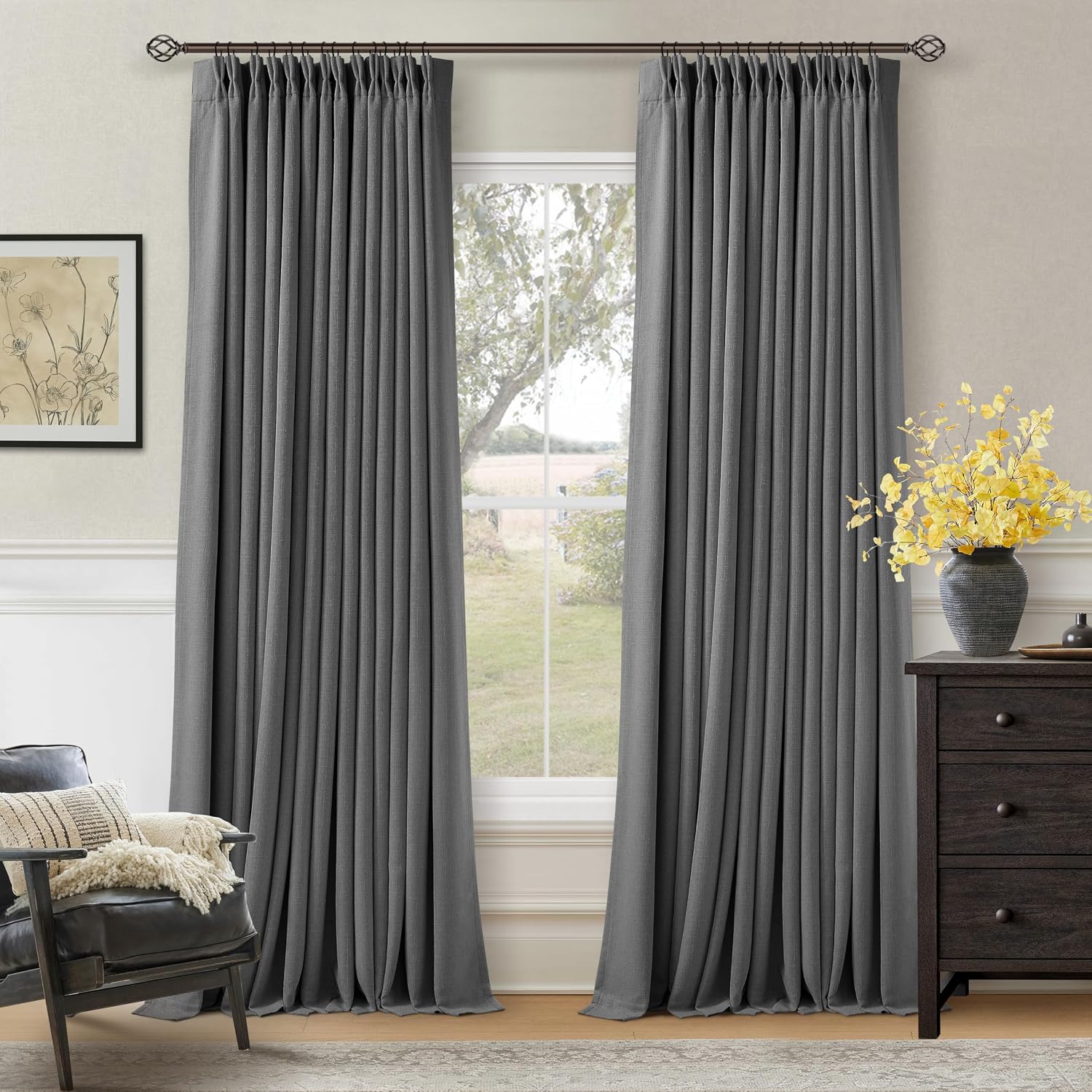 Twodrapes Dark Grey Pinch Pleated Blackout Curtains 102 Inches Long for Bedroom 100% Black Out Thick Linen Dual Layer Pleated Drapes Farmho…