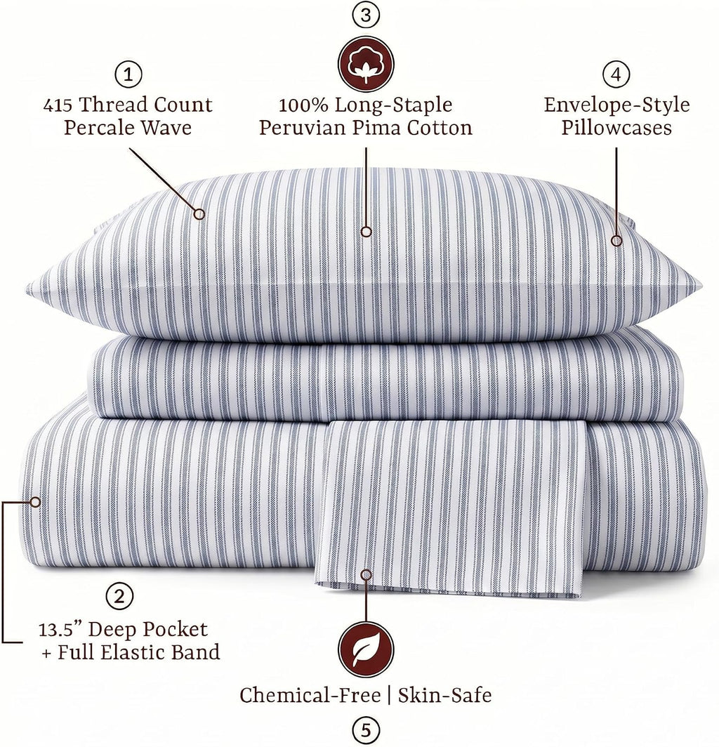 Perupima Peru Pima 415 Thread Count Percal Full Sheet Set - 100% Peruvian Pima Cotton, 4 Piece (Flat, Fitted, 2 Pillowcases) - Cooling, Cri…