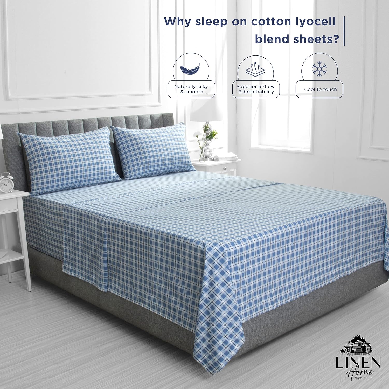 Linen Home Cotton Lyocell Blend Percale Sheet Set King Size - 4 Piece Deep Pocket Bedding, Pre-Washed & Shrunk, Crisp Cooling Fabric…