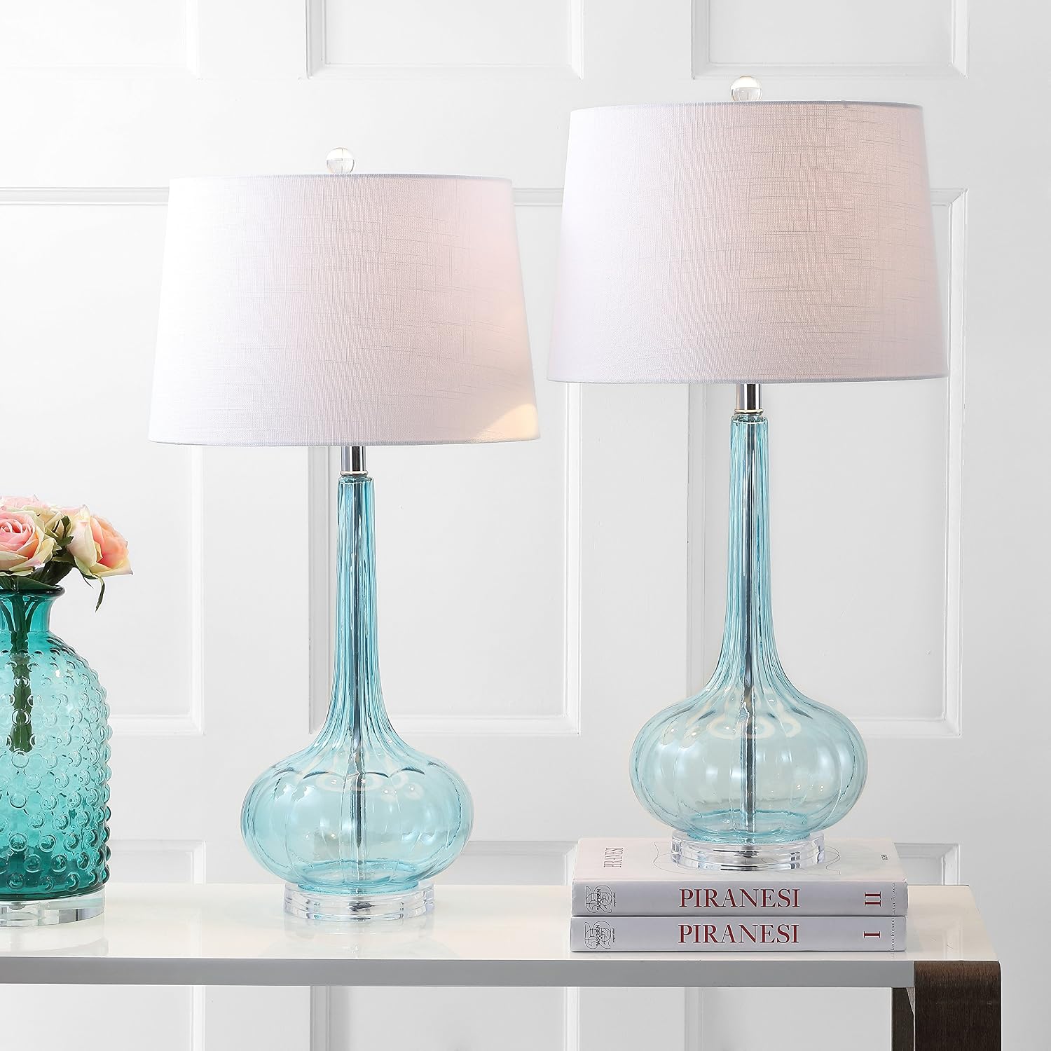 JONATHAN Y 28.5" Aqua Glass Teardrop LED Table Lamp Set of 2 for Living Room Bedroom Nightstand, White Linen Shade Modern Transitional…
