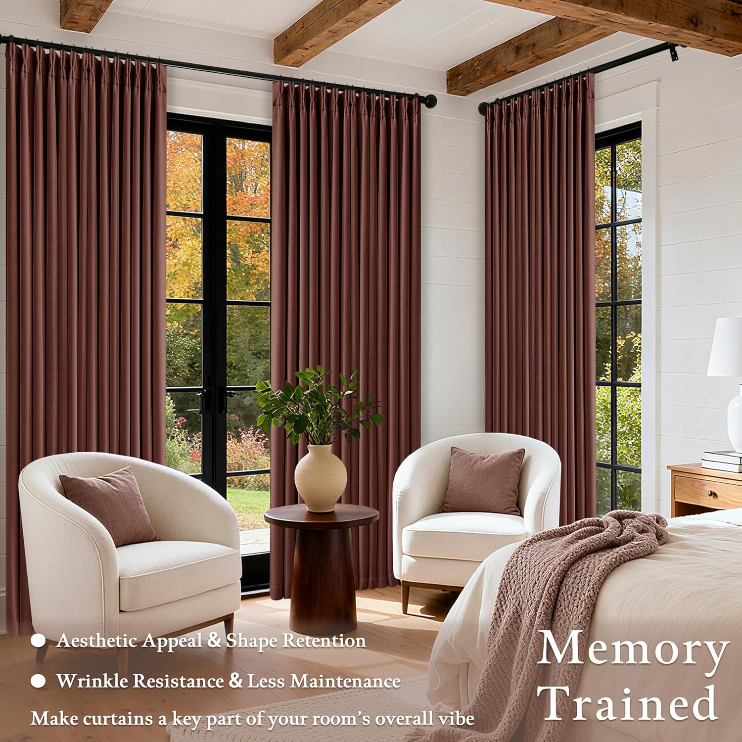 Twodrapes Chestnut Brown Pleated Linen Blackout Curtains 84 Inches Long for Bedroom Living Room Pinch Pleat Black Out Thermal Insulated Rin…