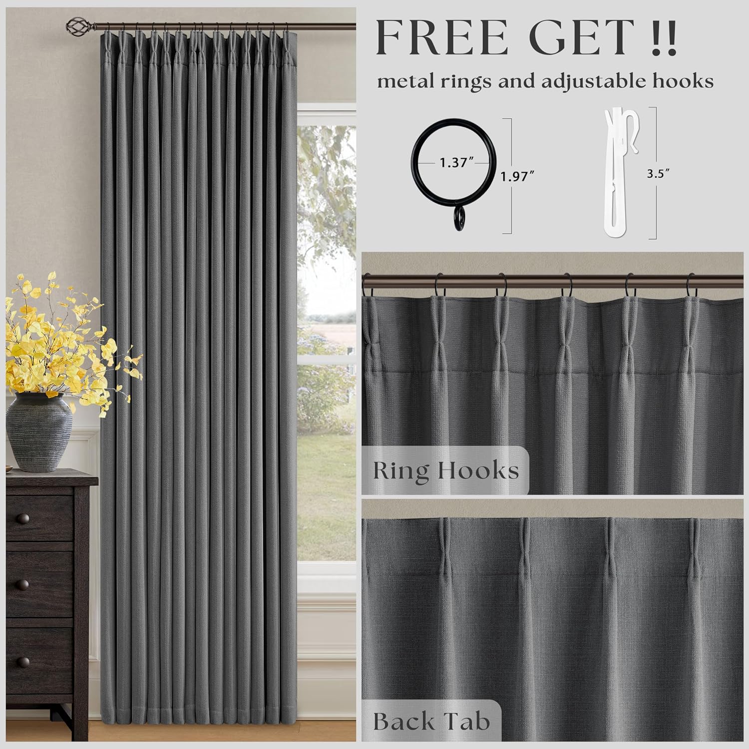 Twodrapes Grey 96 Inch Blackout Pinch Pleated Curtains 2 Panel Set for Living Room Darkening Thick Linen Textured 100% Black Out Drapes 96…