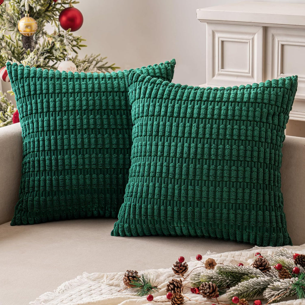 Miulee Pack of 2 Dark Green Corduroy Decorative Pillow Covers 18x18 Inch Soft Boho Striped Throw Pillow Covers Modern Farmhouse Home Decor…