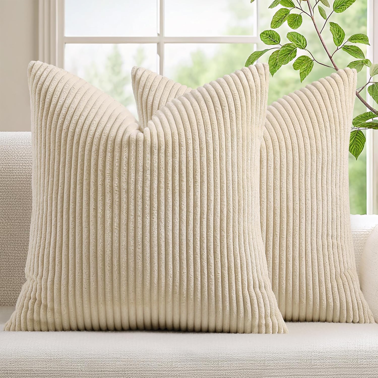 Mecatny Corduroy Summer Decorative Throw Pillow Covers 22x22 Set of 2 for Sofa Living Room, Soft Neutral Boho Couch Pillow Covers for…