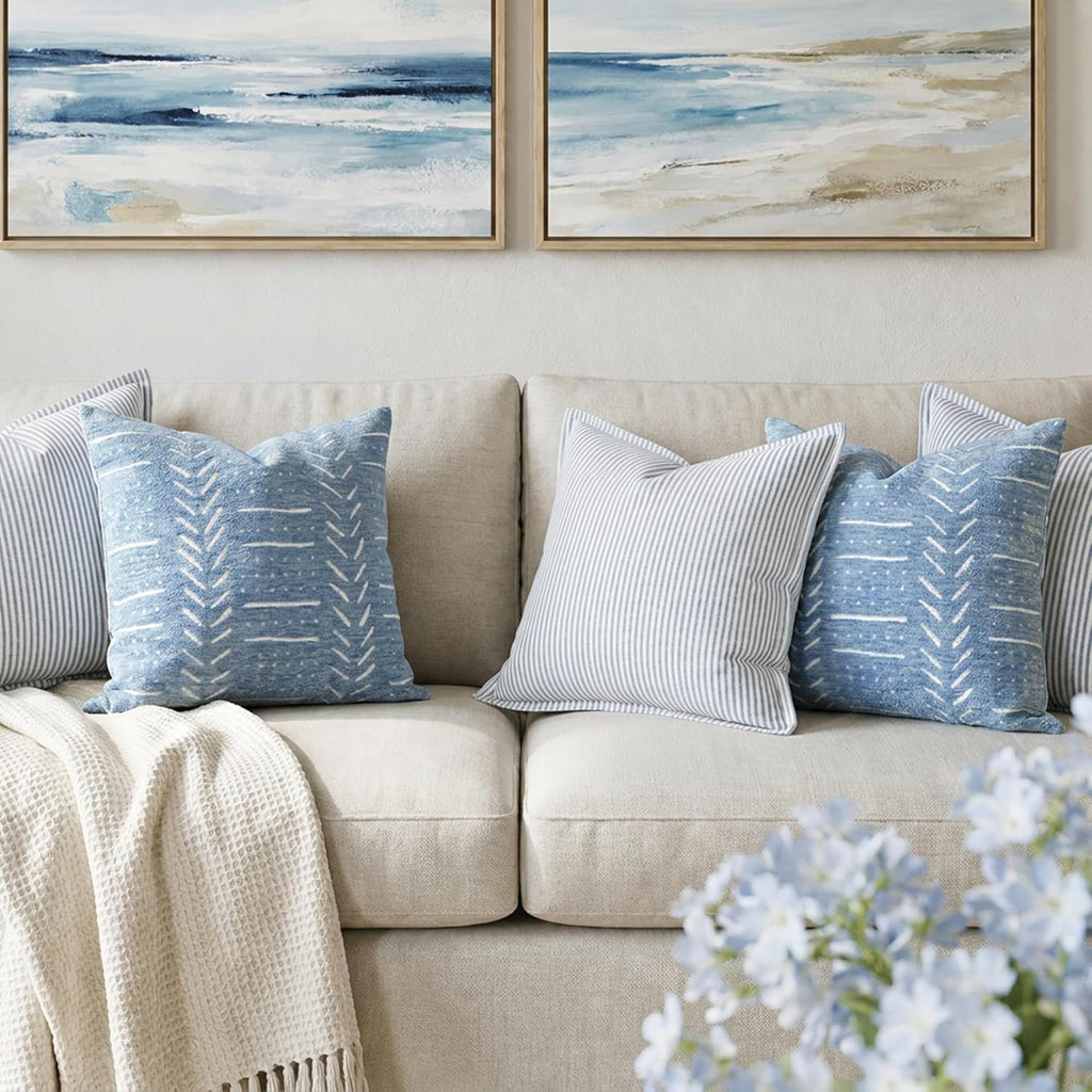 BlissBlush Coastal Blue Decorative Throw Pillow Covers 20x20 Set of 2, Soft Woven Chenille Accent Pillow Covers for Couch Sofa Bed…