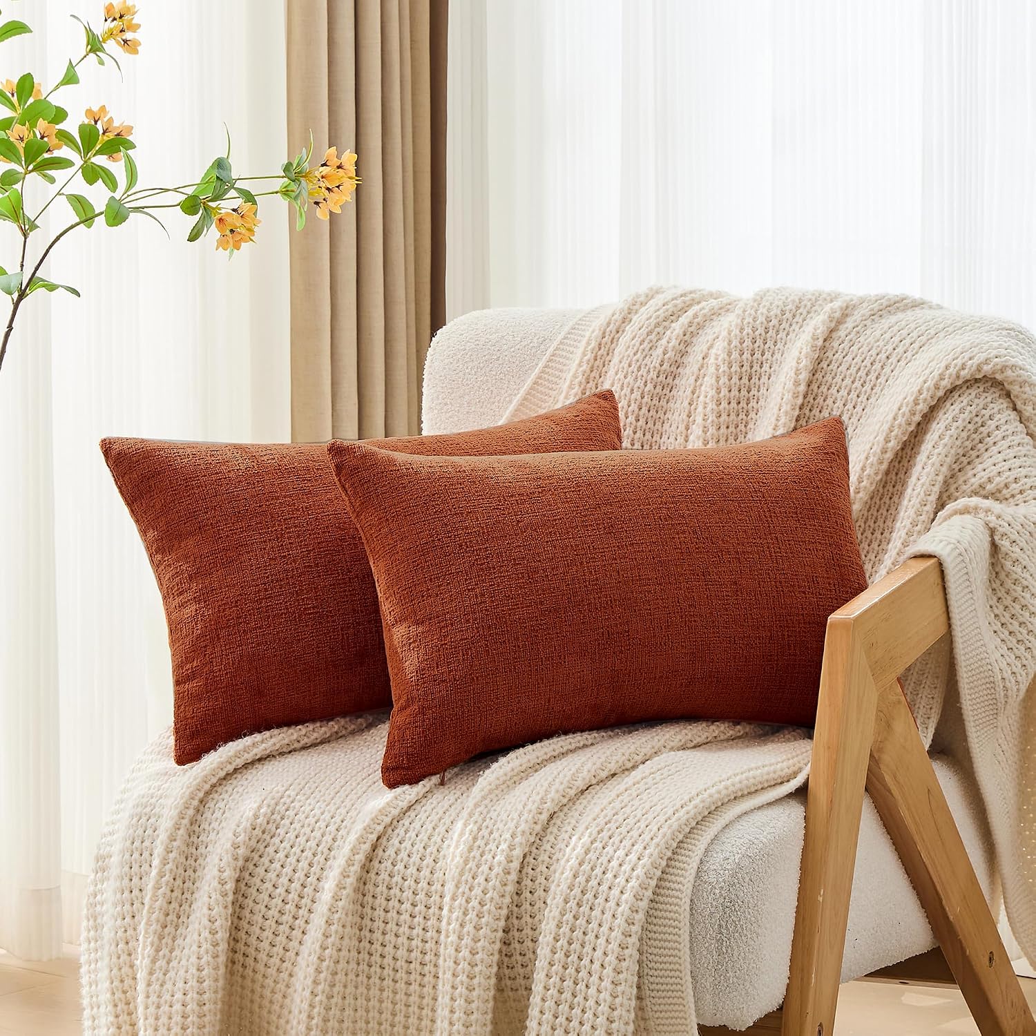 Gawamay Set of 2 Decorative Lumbar Soft Chenille Throw Pillow Covers 12x20 Inch (30x50 CM), Boho Farmhouse Cushion Cases, Couch Pillow Cove…