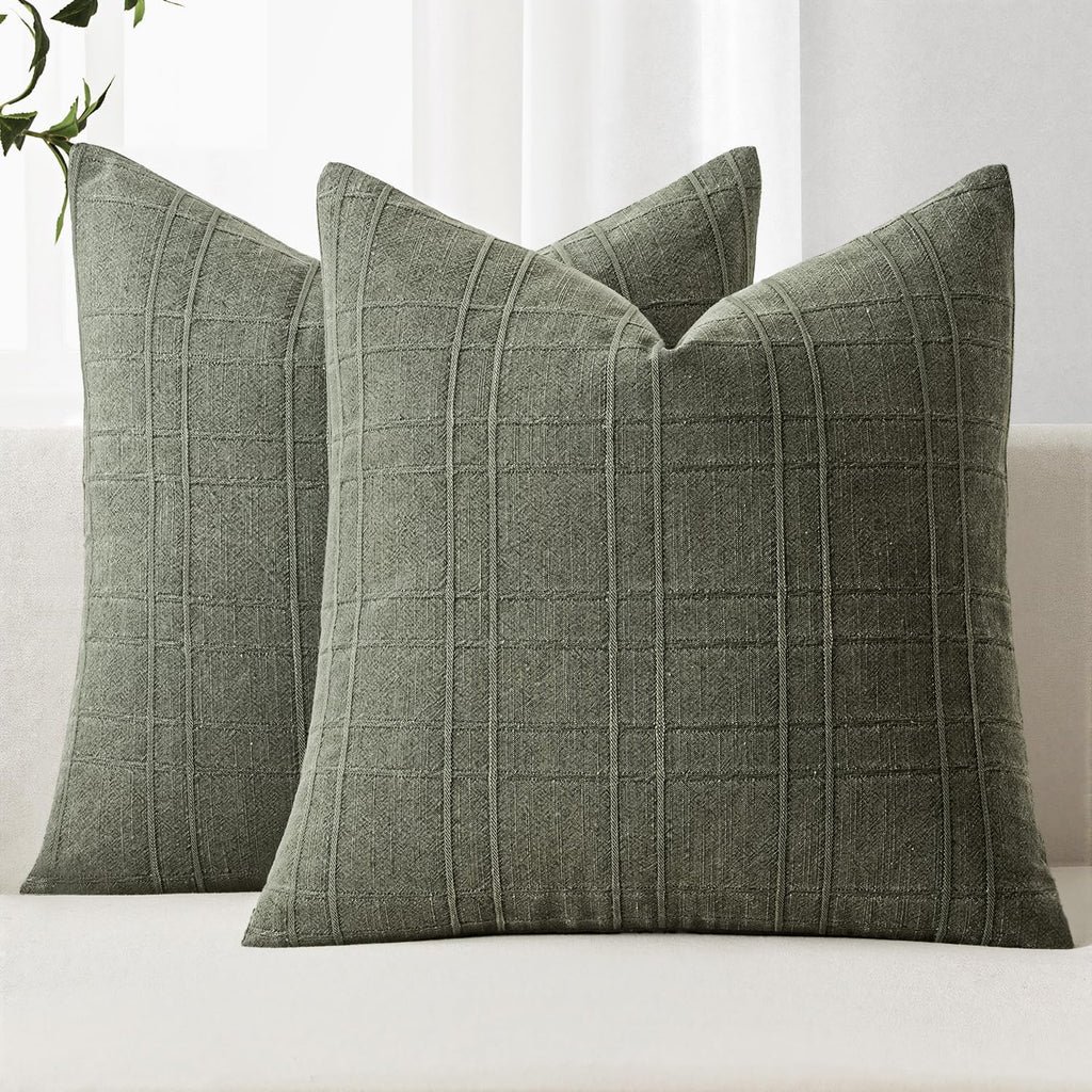 Miulee Decorative Linen Check Euro Shams Throw Pillow Covers Neutral Farmhouse Vintage Spring Pillow Covers 22x22 Set of 2 Boho Modern Home…