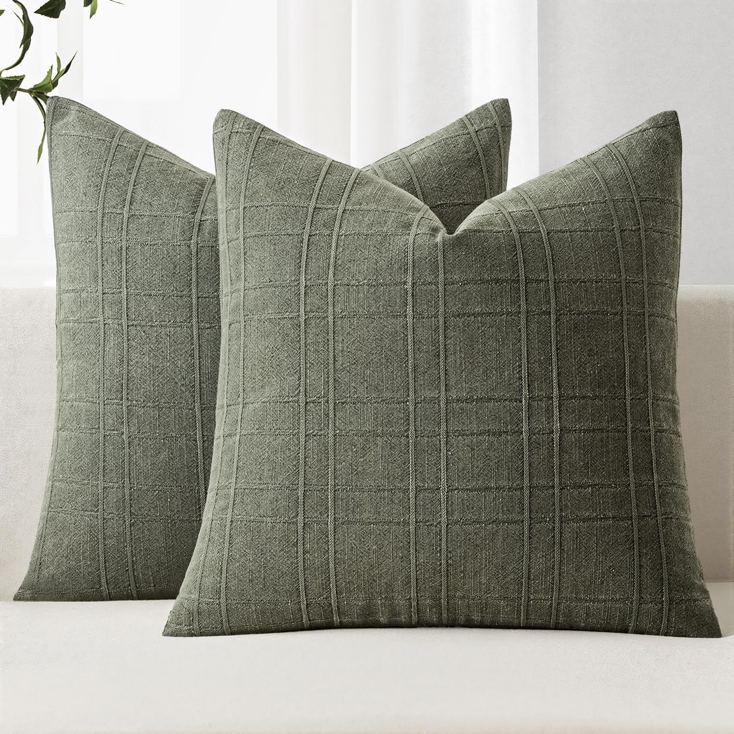Miulee Decorative Linen Check Euro Shams Throw Pillow Covers Neutral Farmhouse Vintage Spring Pillow Covers 22x22 Set of 2 Boho Modern Home…