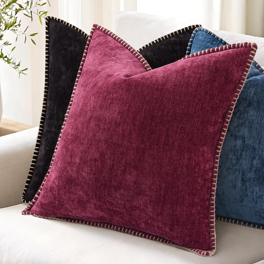 decorUhome Chenille Soft Cozy Throw Pillow Covers 20x20 Set of 2, Modern Farmhouse Boho Velvet Decorative Pillow Cases with Stitched Edge f…