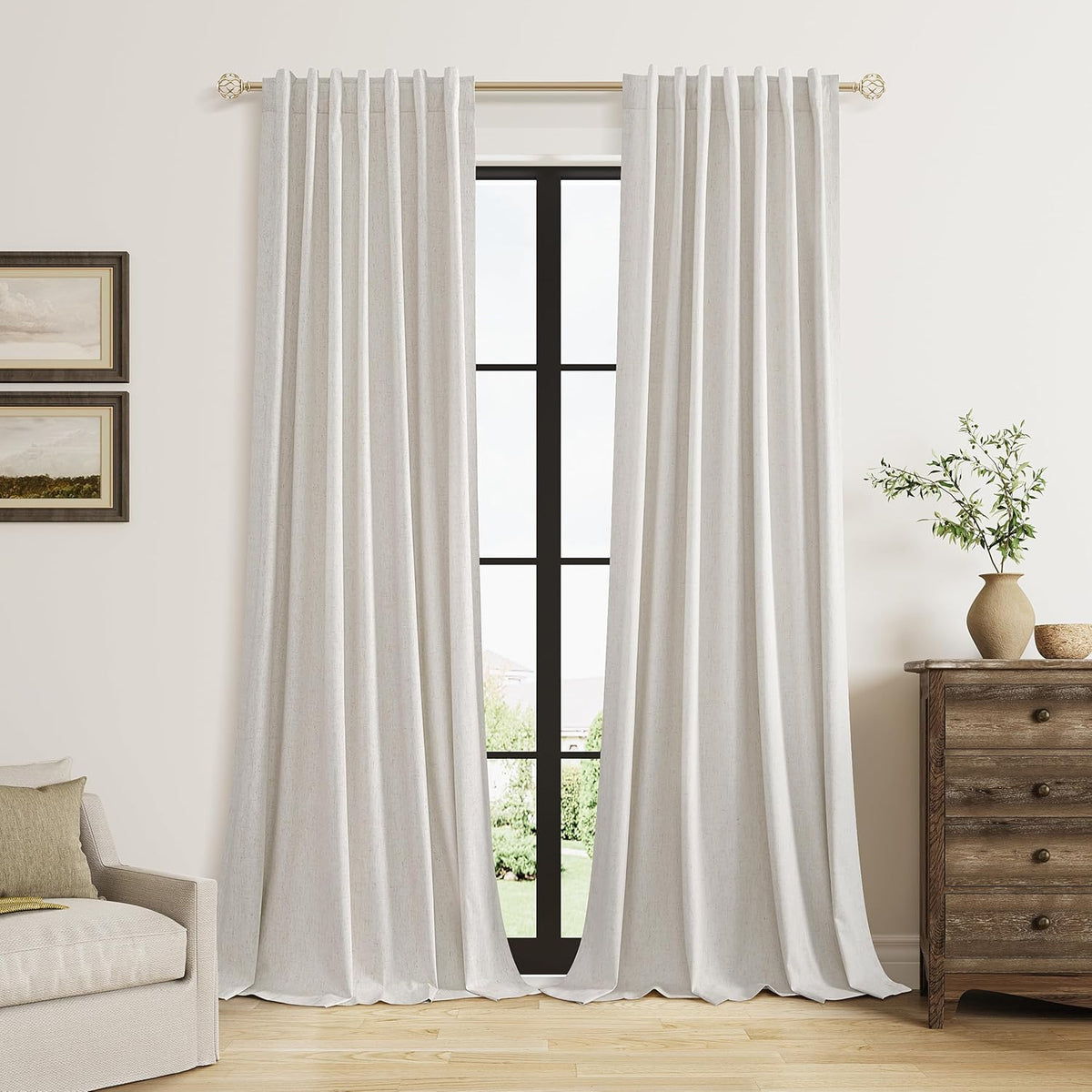 Guken 100% Black Out Light Beige Linen Curtains 90 Inch Long for Living Room Back Tab Rod Pocket Modern Farmhouse Thermal Insulated Drapes…