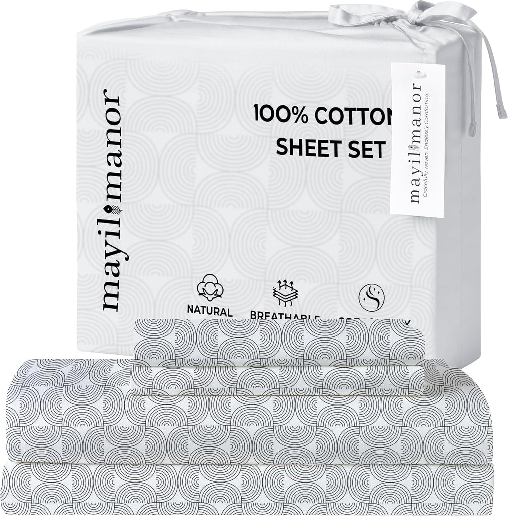 Queen Size Fitted Sheet with 18" Deep Pockets, Flat Sheet - Percale Weave Natural - Breathable 100% Cotton Bedding, 1 Fitted Sheet + 1…