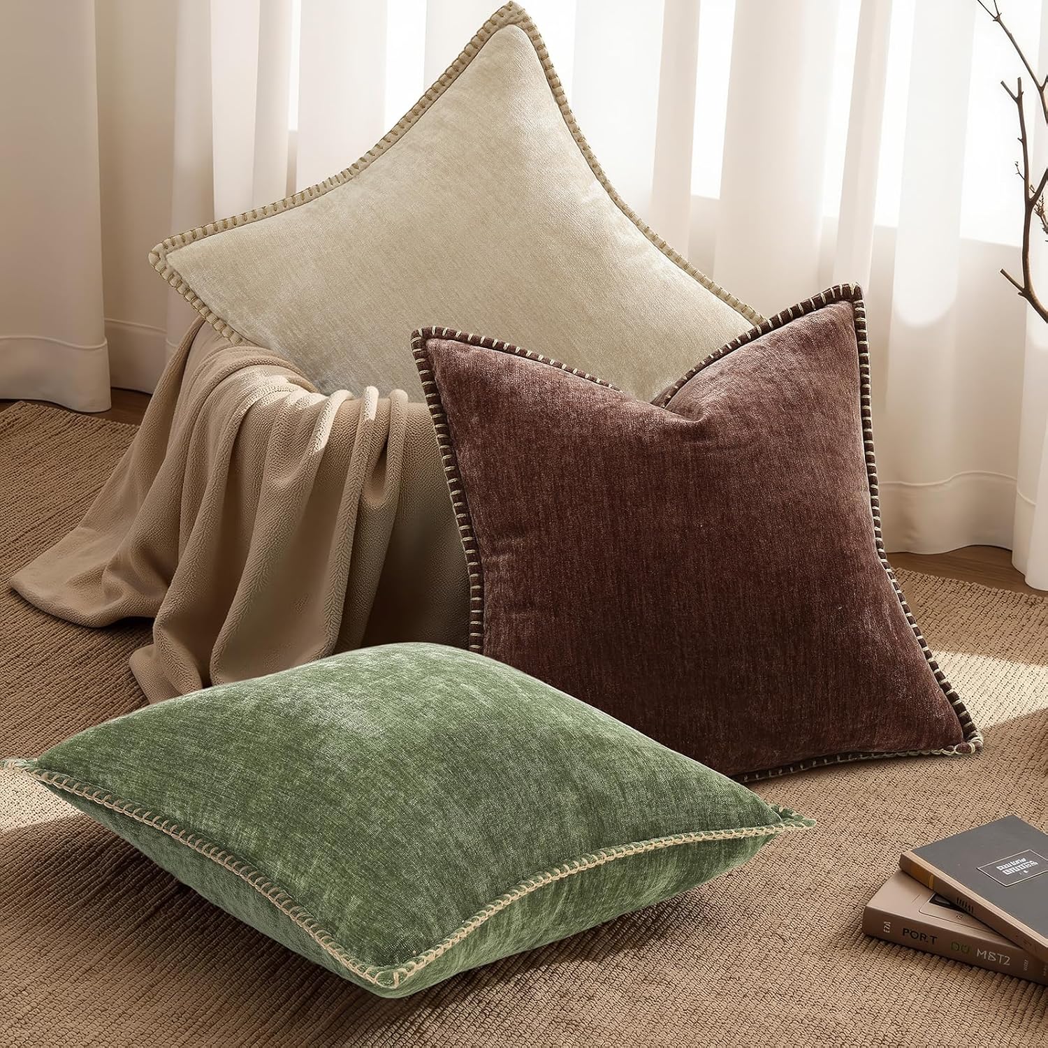 decorUhome Chenille Soft Cozy Throw Pillow Covers 18x18 Set of 2, Modern Farmhouse Boho Velvet Decorative Pillow Cases with Stitched Edge f…