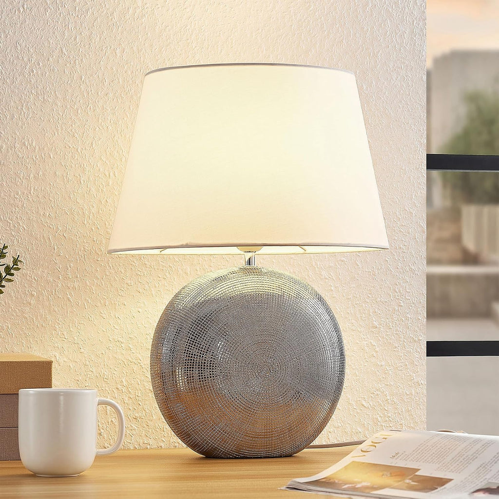 19" Modern Ceramic Table Lamp, Silver Jar-Style Base with White Fabric Shade, Elegant Bedside Lamp for Nightstand or Living Room, E26…