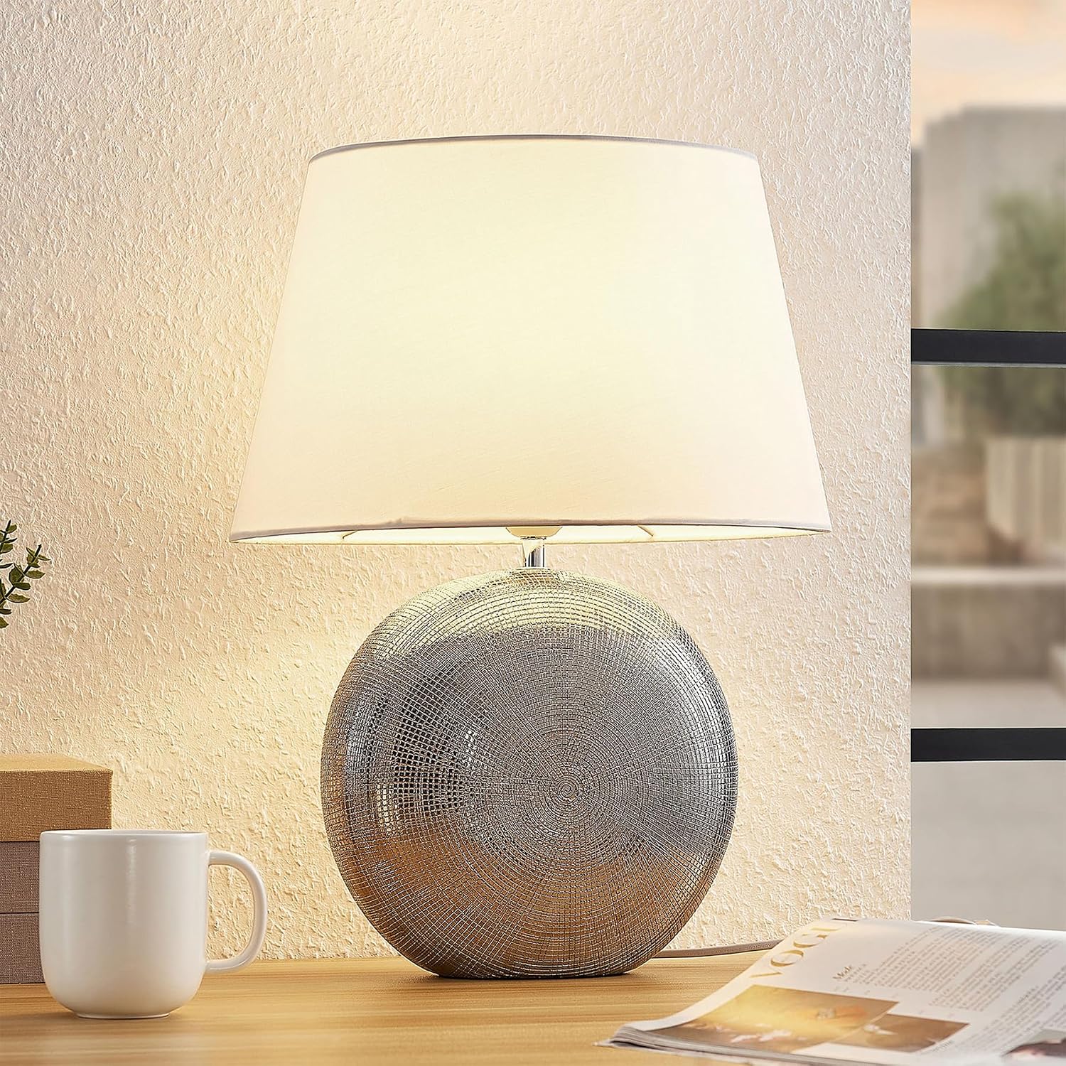 19" Modern Ceramic Table Lamp, Silver Jar-Style Base with White Fabric Shade, Elegant Bedside Lamp for Nightstand or Living Room, E26…