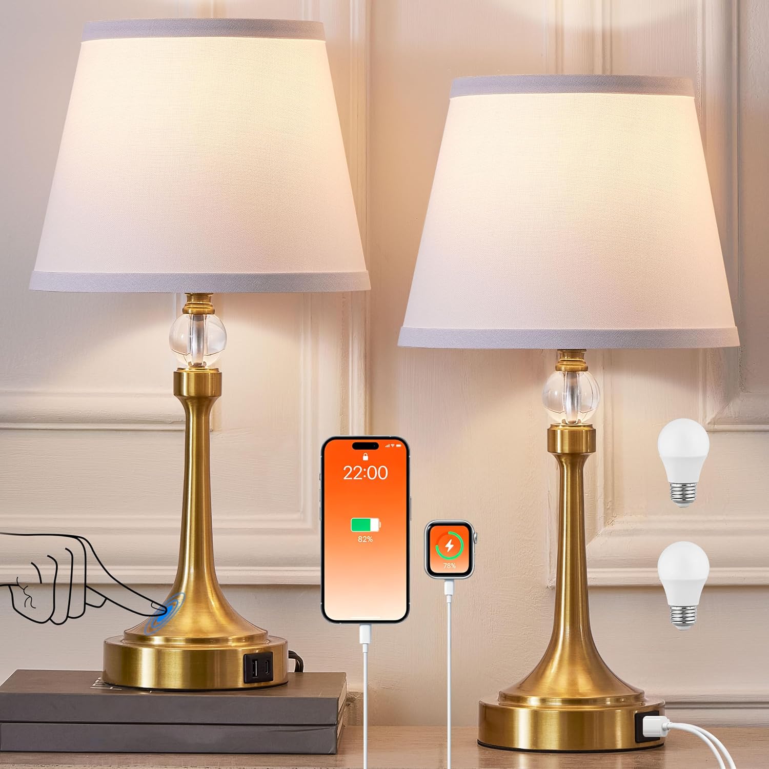19.7'' Touch Table Lamps for Living Room, Small Lamp for Bedroom with USB C+A Ports, Dimmable Touch Lamps Set of 2, Reading Desk Lamp for…