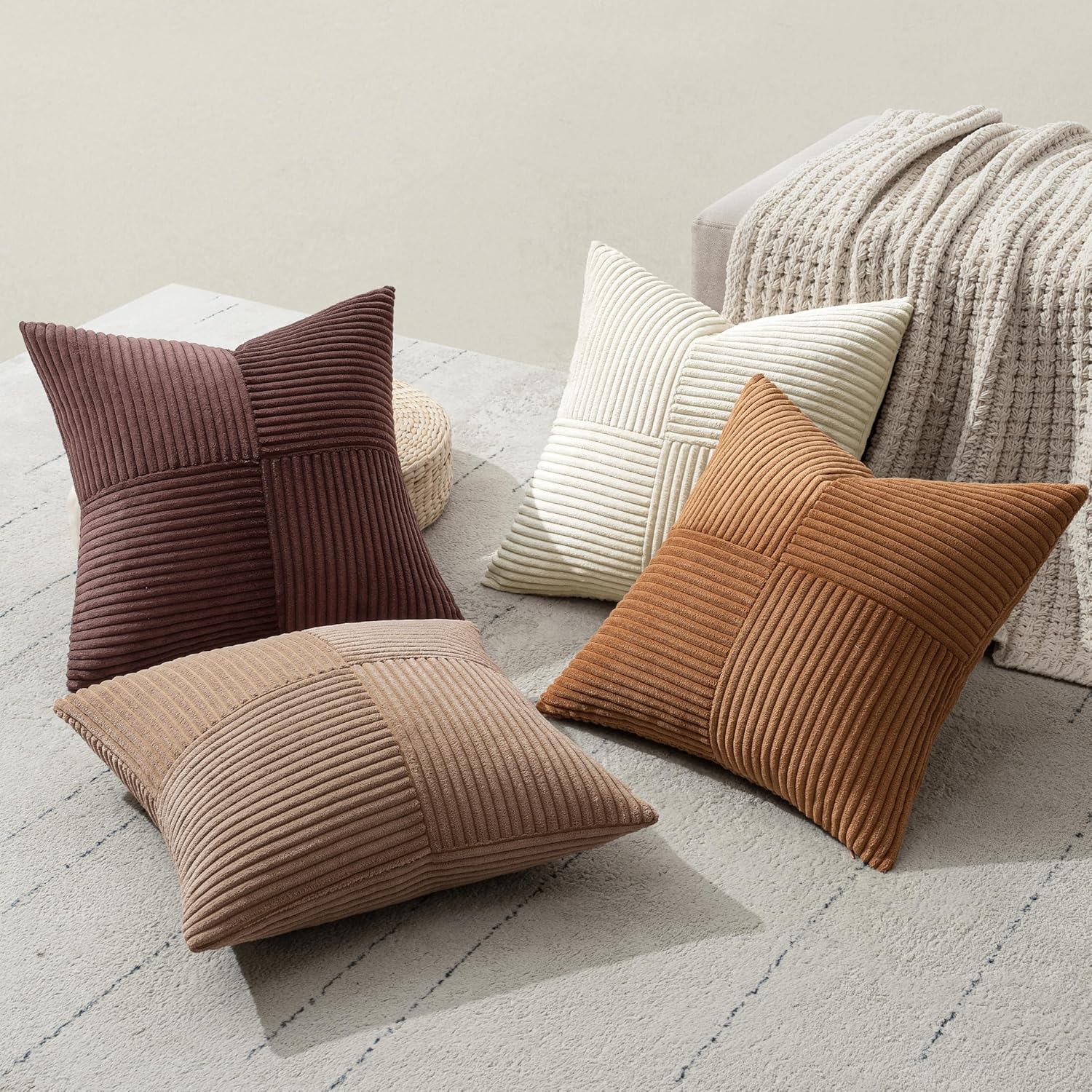 Miulee Brown Throw Pillow Covers 20x20 Inch Set of 4 Boho Farmhouse Cushion Cases Neutral Gradient Corduroy Pillow Cases with Invisible Zip…