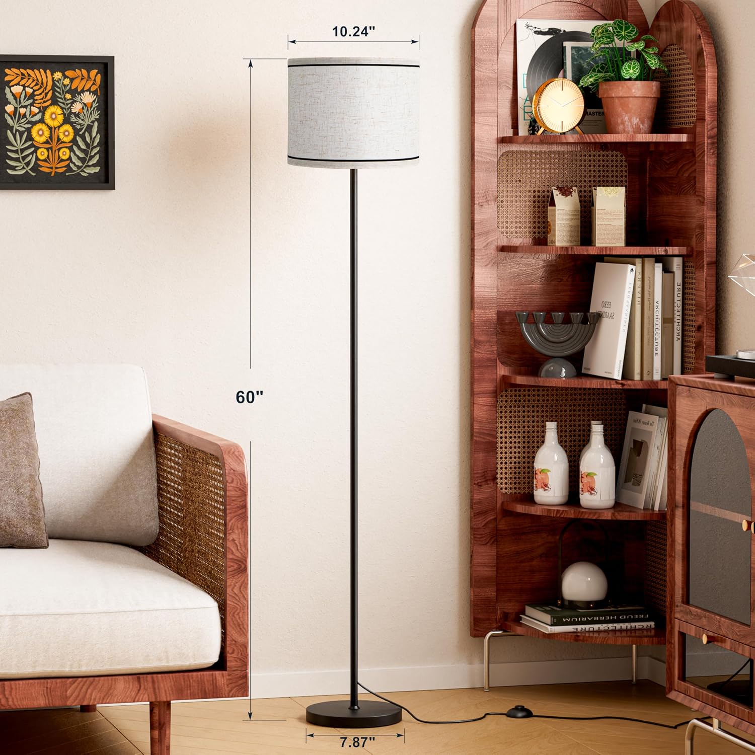 Ambimall 60'' Modern Floor Lamp with Shade, Tall Lamps for Living Room, Bedroom, Office, Dining Room, Beige Lampshade with Black Stripes(Wi…
