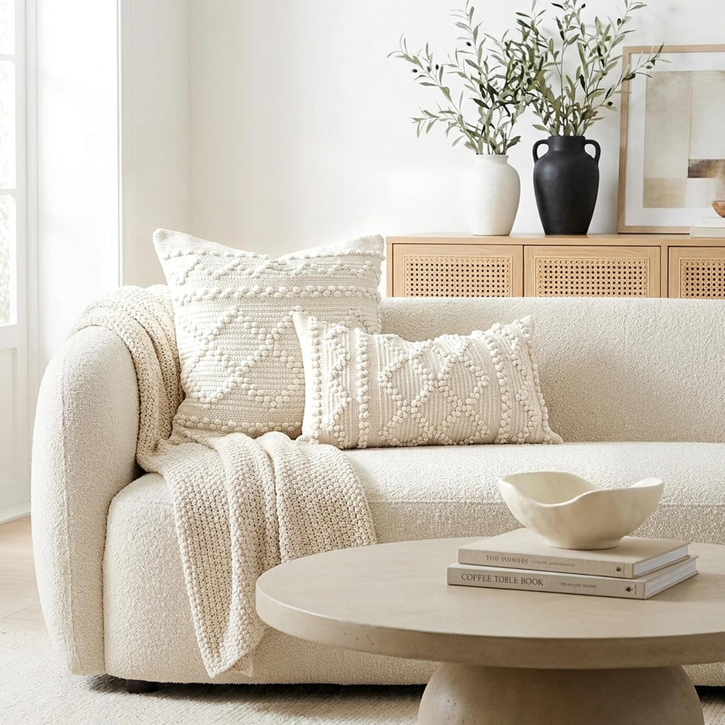 BlissBlush Pure White Decorative Throw Pillow Cover 22X22, Boho Accent Pillow for Couch, Square Modern Farmhouse Pillowcase for Living…