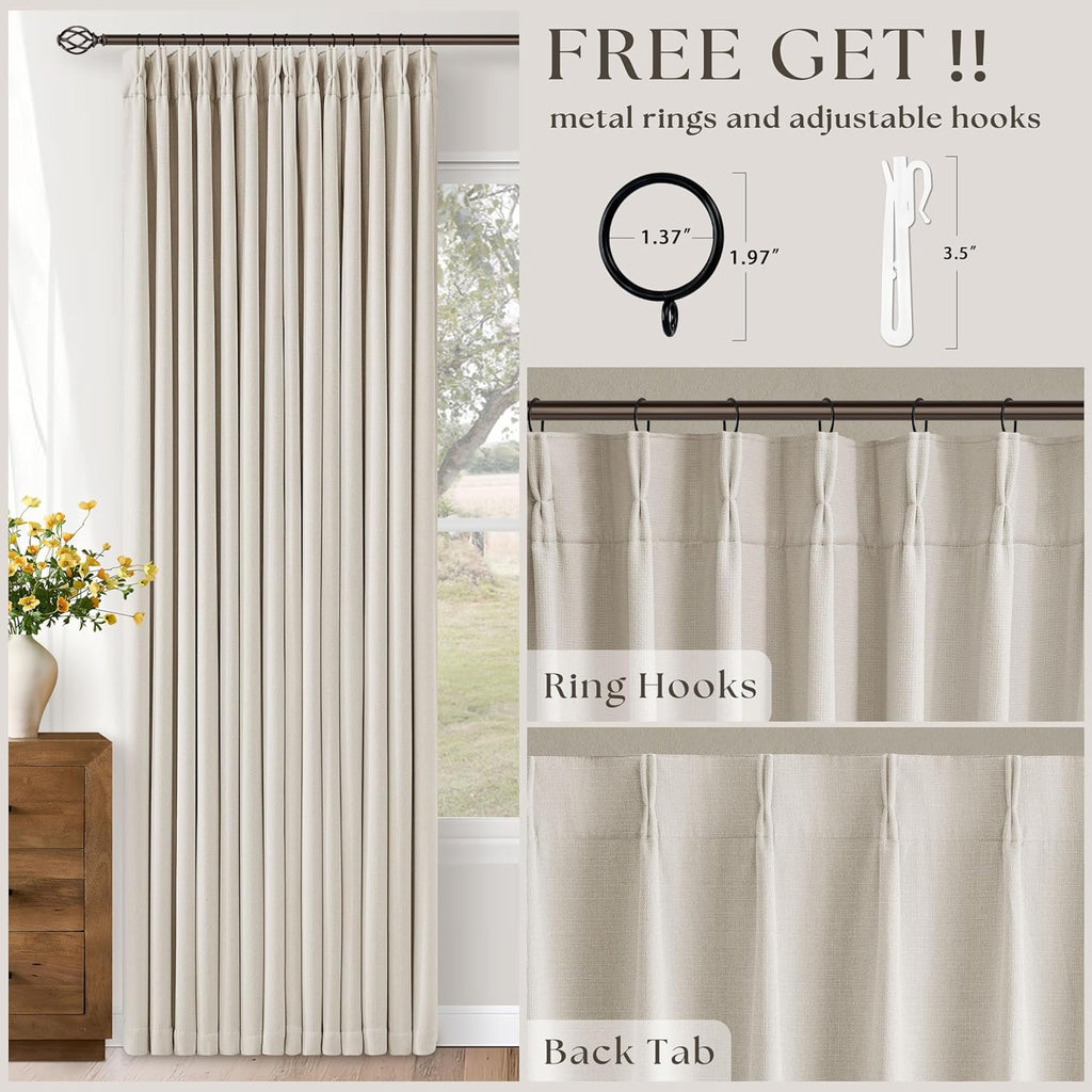 100% Blackout Linen 126 Inch Curtains 2 Panel Set for Bedroom Modern Pinch Pleated Natural Linen Beige White Insulated Heavy Curtain 40 x…