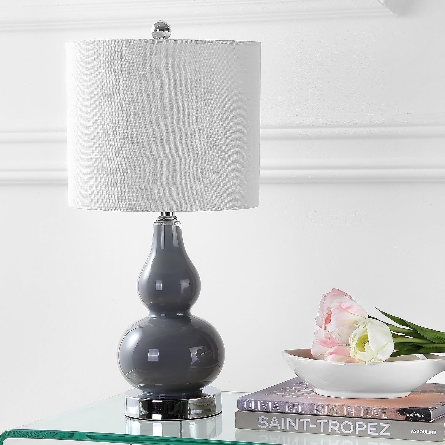 JONATHAN Y 20.5" Gray Glass Table Lamp, Modern Gourd Bedside Nightstand Lamp for Bedroom, Living Room, White Linen Shade, LED Bulb…