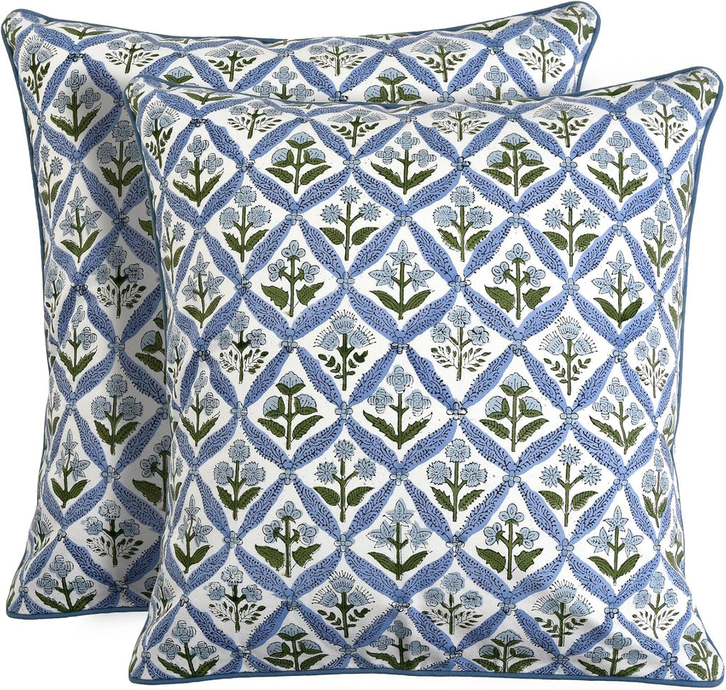 Ridhi Block Print Light Steel Blue Pillow Cover 20" x 20" (Pack of 2) Decorative Couch Pillows for Living Room, Chic Boho Cute Outdoor Pill…