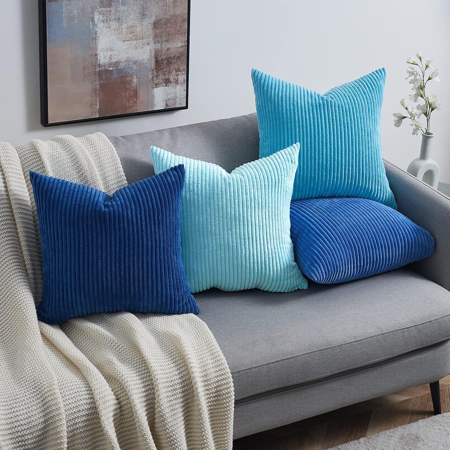Topfinel Blue Decorative Throw Pillow Covers 16x16 Inch Set of 4, Soft Accent Corduroy Striped Gradient Color Small Cushion Cover for Beach,…