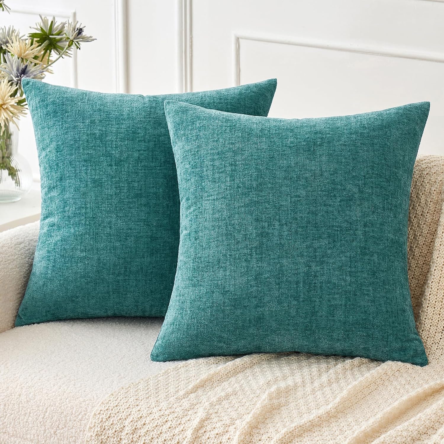 Miulee Pack of 2 Couch Throw Pillow Covers 26x26 Inch Soft Teal Chenille Pillow Covers for Sofa Living Room Solid Dyed Pillow Cases