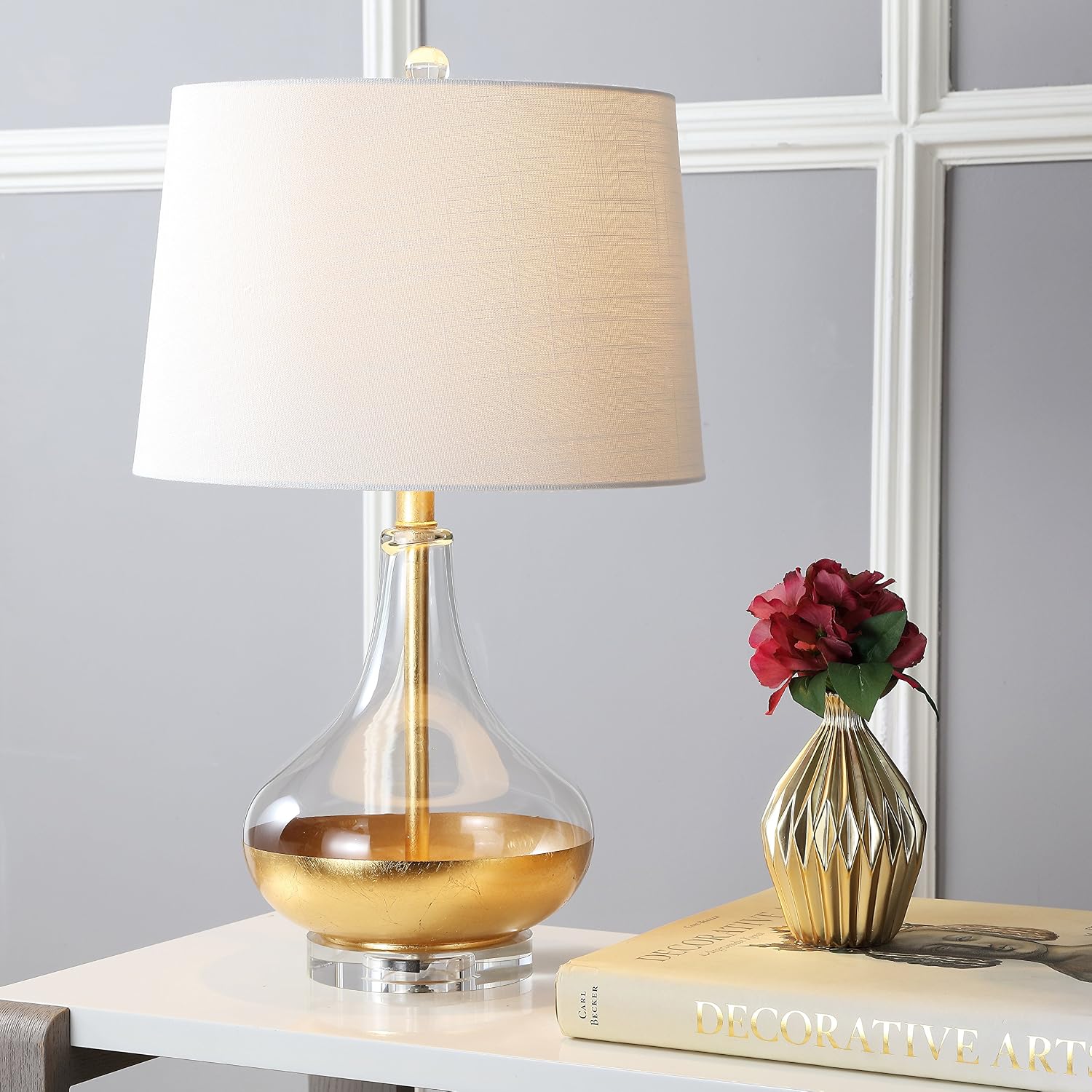 JONATHAN Y 24.5" Gold Painted Glass Table Lamp, Modern Glam Teardrop Nightstand Lamp with White Linen Drum Shade and Crystal Base, UL…