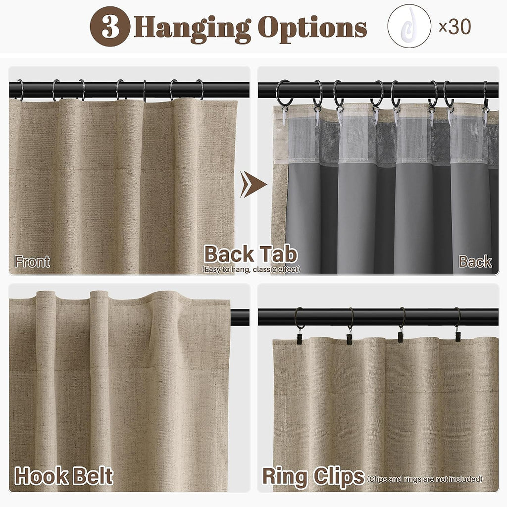 Guken Khaki Linen 100% Blackout Curtains for Bedroom 96 Inches Long 2 Panels Farmhouse Black Out Room Darkening Thermal Insulated Back Tab…