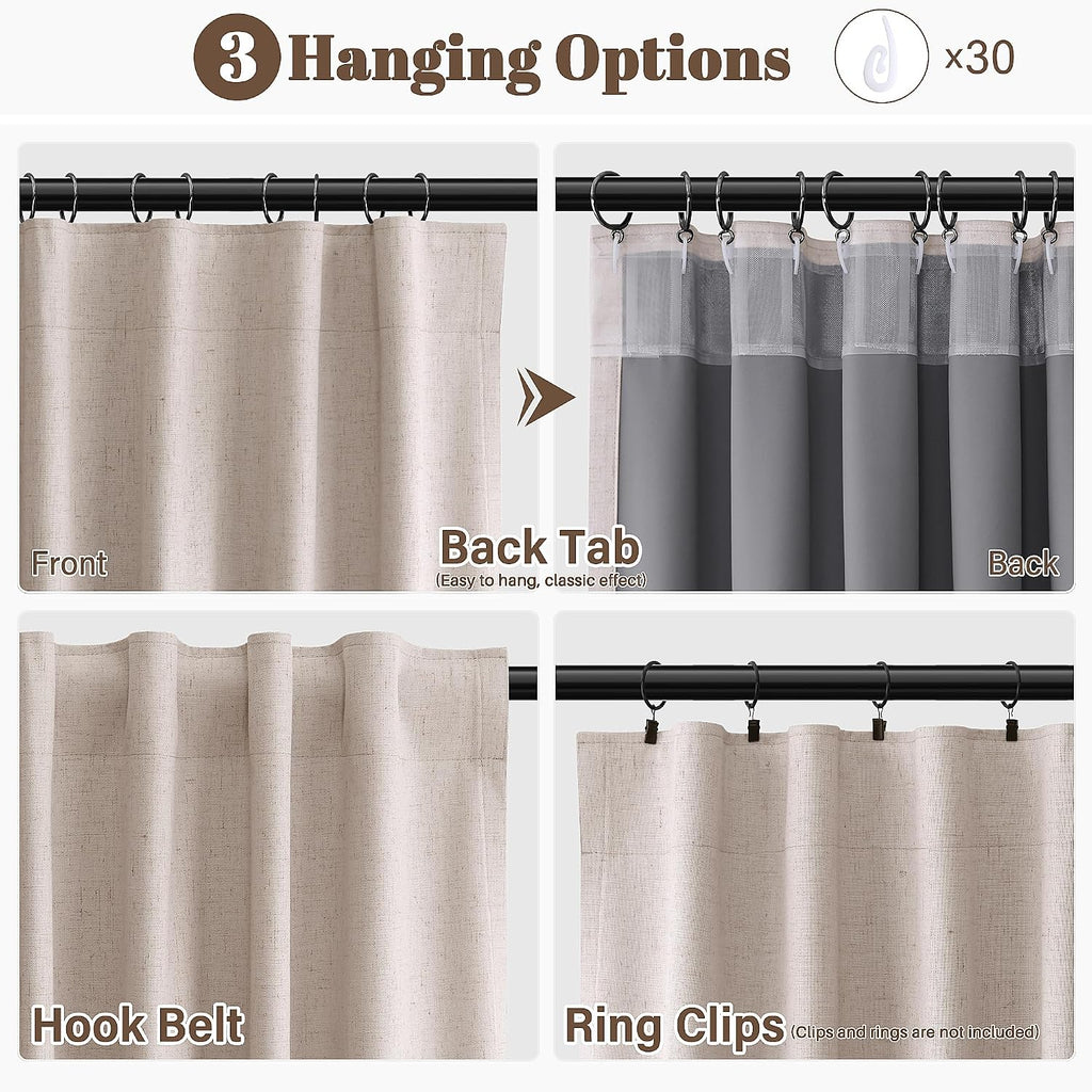 Guken Champagne Linen 100% Blackout Curtains 102 Inches Long Modern Black Out Light Blocking Noise Cancelling Back Tab Hook Belt Curtain fo…