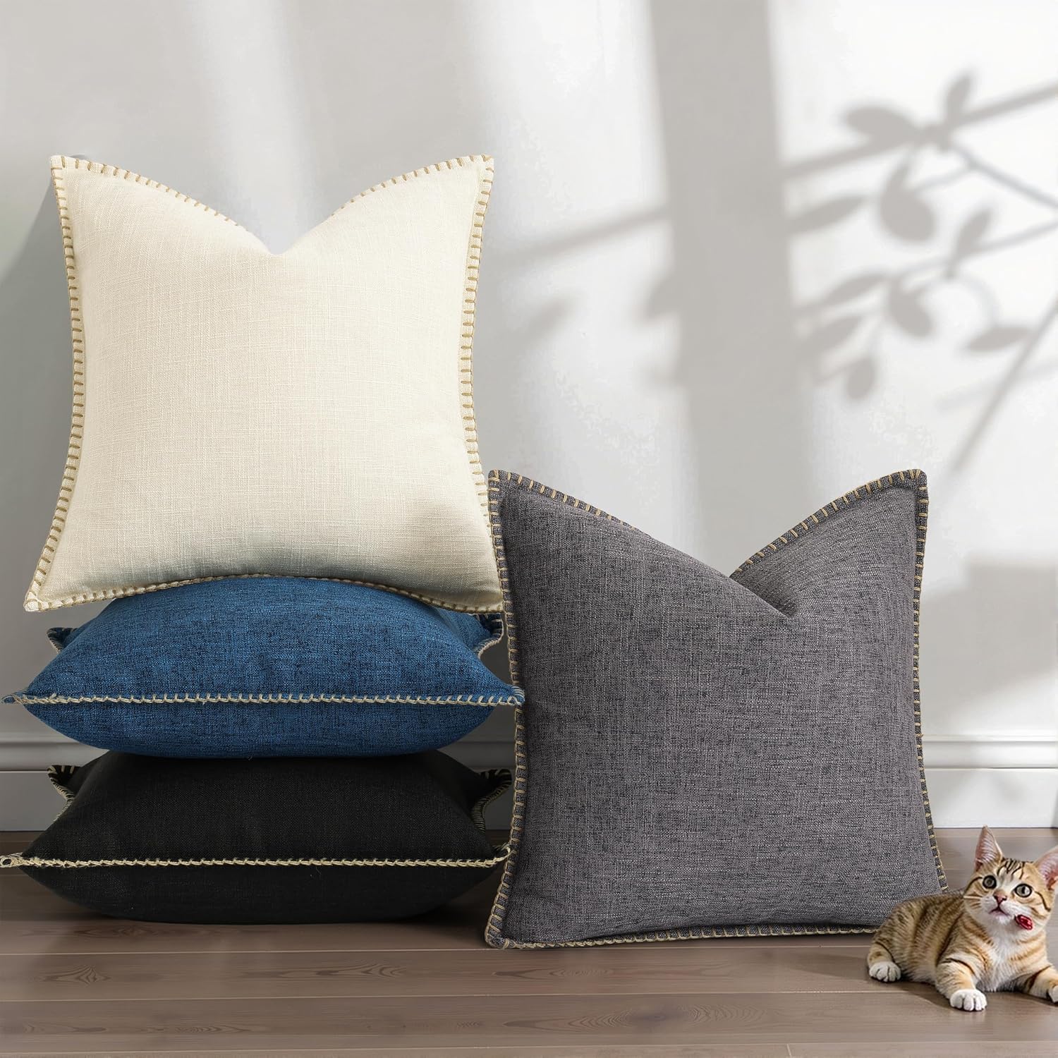decorUhome Summer Decorative Throw Pillow Covers 16x16 Set of 2 Square Faux Linen Farmhouse Pillow Covers with Stitched Edge Outdoor…