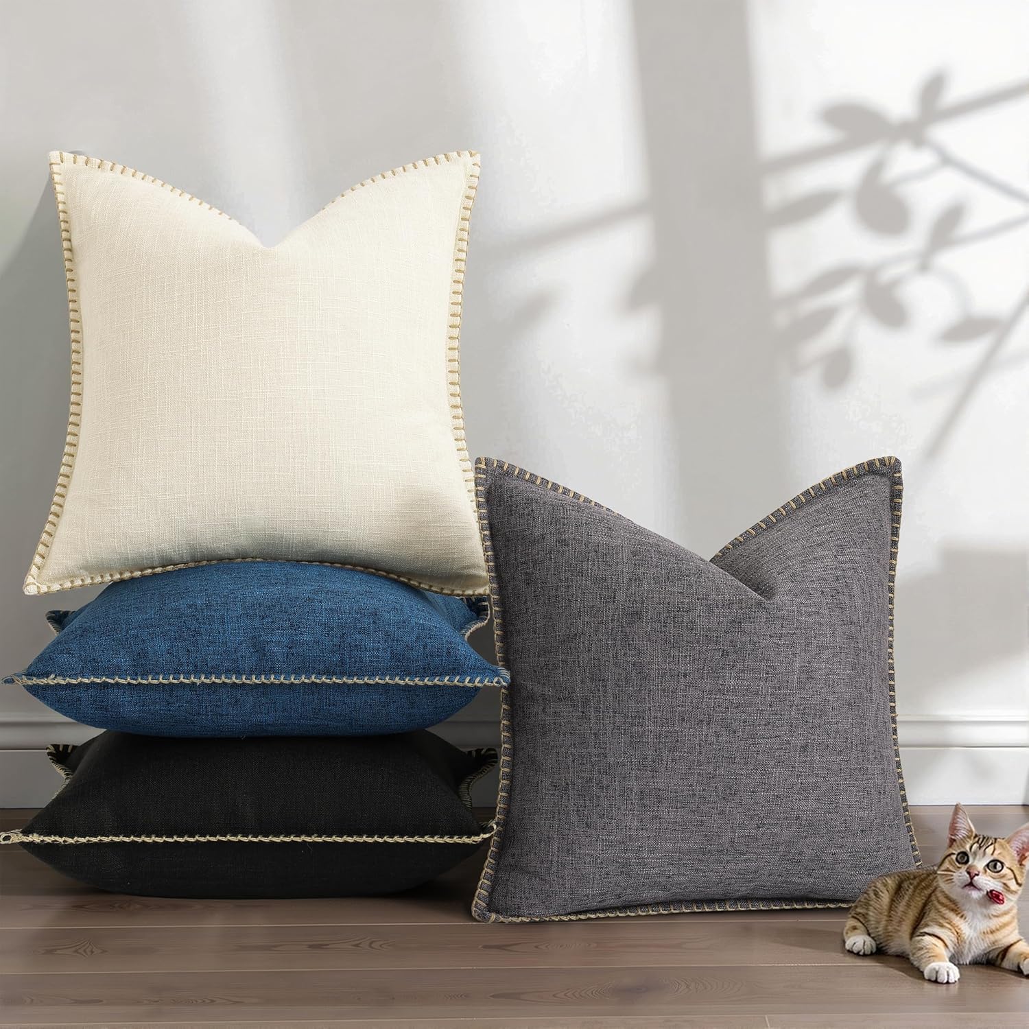 decorUhome Summer Decorative Throw Pillow Covers 12x20 Set of 2 Lumbar Faux Linen Farmhouse Pillow Covers with Stitched Edge Outdoor…