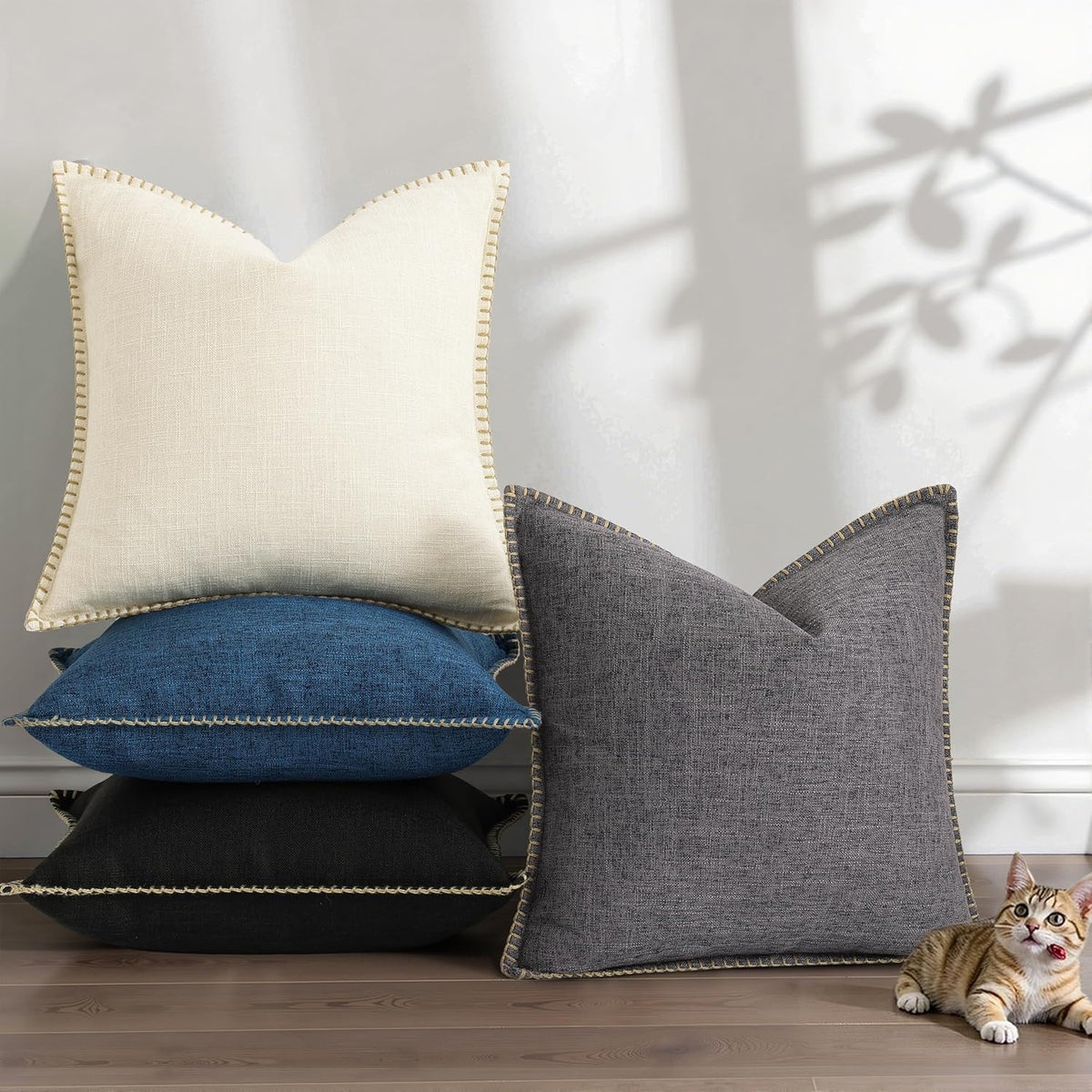 decorUhome Summer Decorative Throw Pillow Covers 20x20 Set of 2 Square Faux Linen Farmhouse Pillow Covers with Stitched Edge Outdoor…