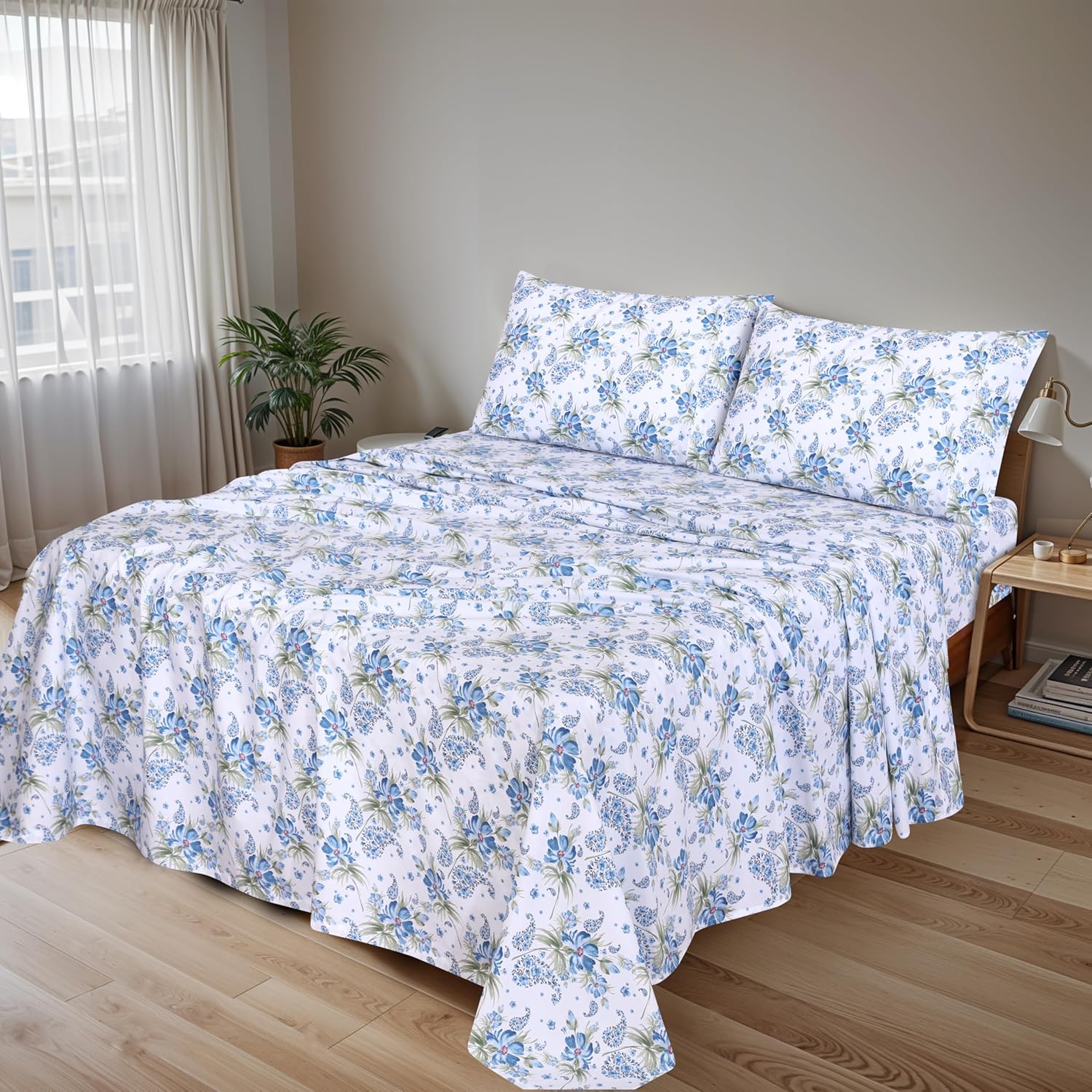 Ruvanti 100% Cotton Sheets Queen Size Set, 4 Pieces, Soft & Breathable Percale Weave Bedding, Deep Pocket 16", Hotel Standard, Crisp Cool F…