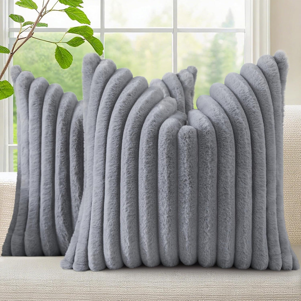 decorUhome Cozy Faux Fur Throw Pillow Covers 20x20 Set of 2 Decorative Soft Plush Striped Modern Farmhouse Boho Couch Pillow Cases with Vel…